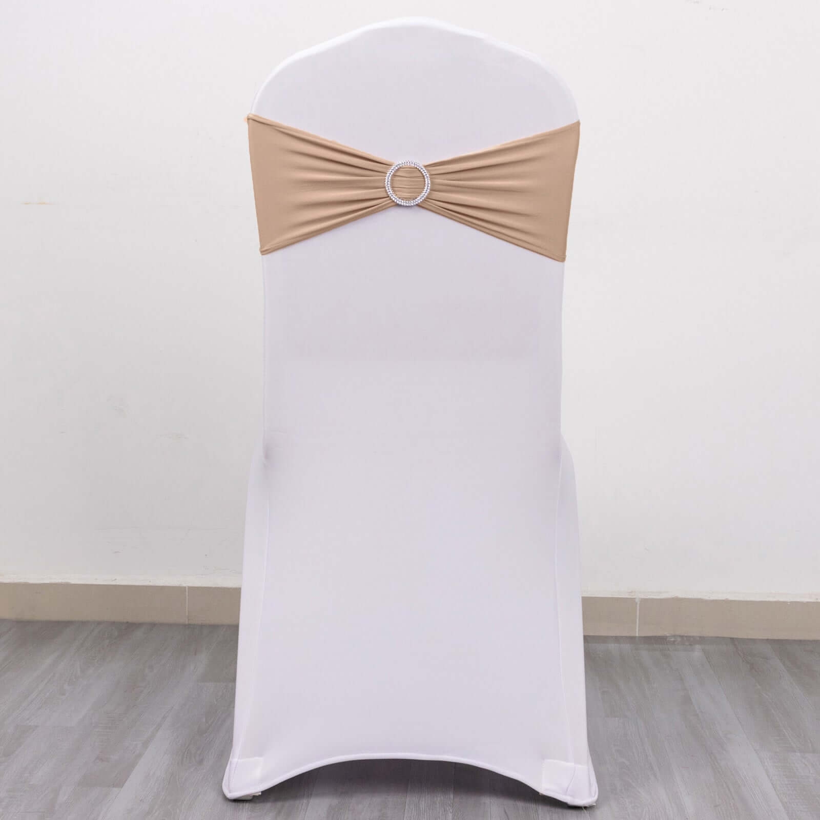 5 Pack Stretch Spandex Chair Sashes Nude - Reusable Chair Bands with Silver Diamond Ring Slide Buckle 5"x14"