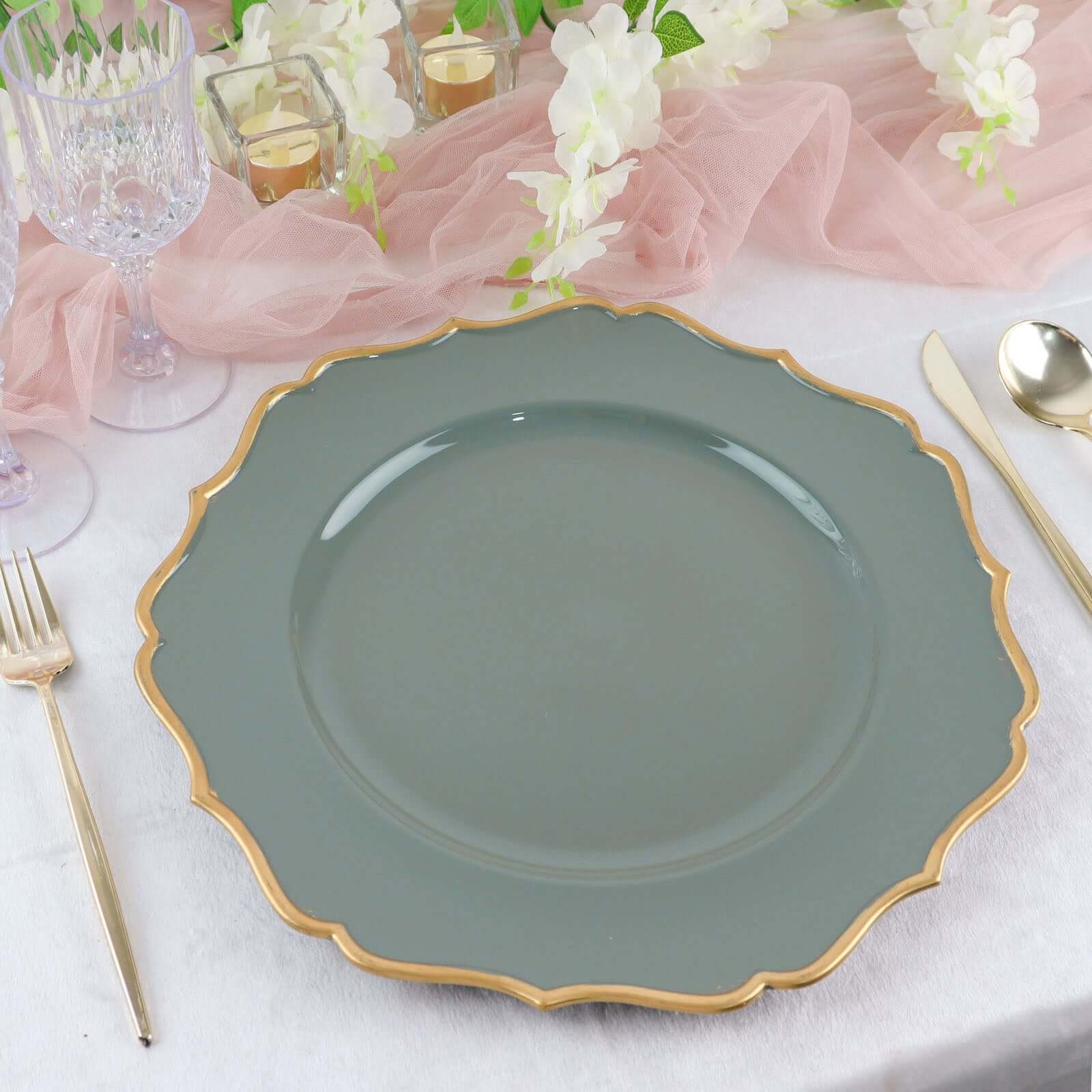 6-Pack Acrylic Round Charger Plates 13" in Olive Green with Gold Scalloped Rim, Decorative Dinner Party Plastic Charger Tableware