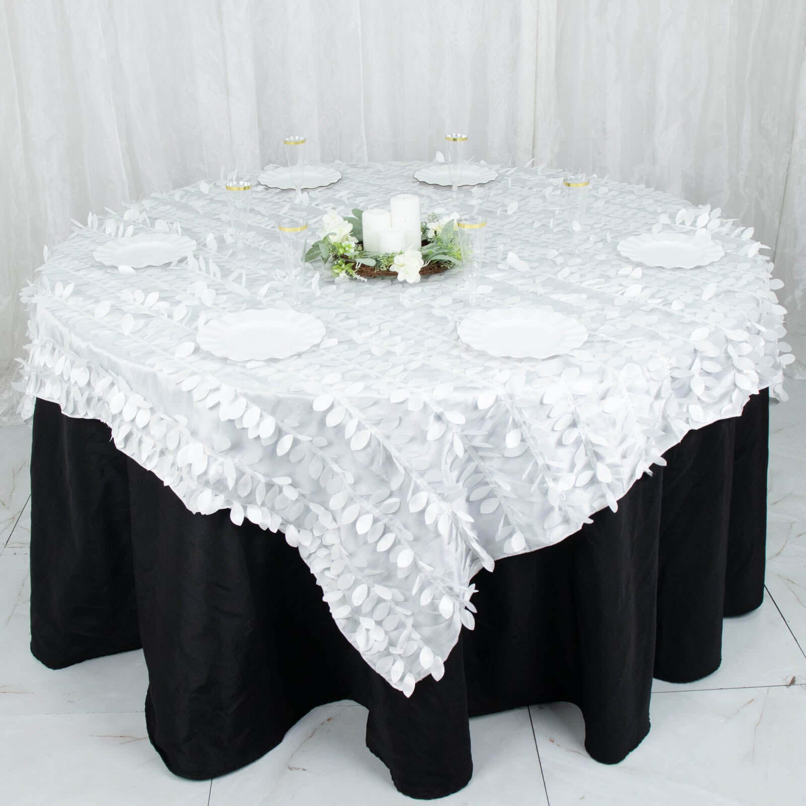 Taffeta 72"x72" Table Overlay Square Tablecloth White 3D Leaf Petal Design for Stylish Celebrations