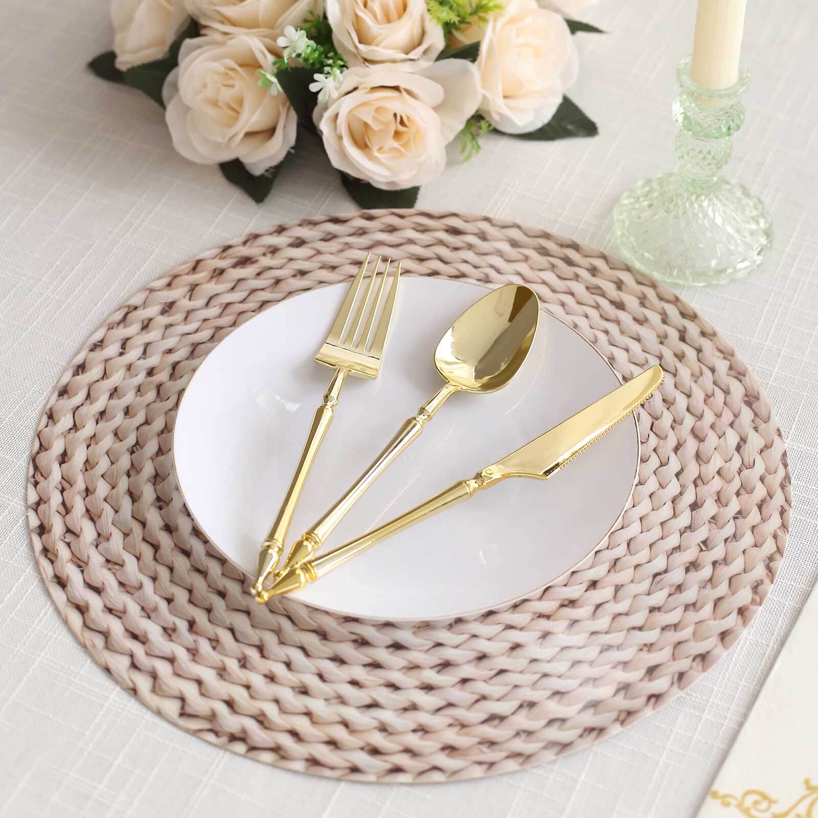 6-Pack Disposable Table Placemats in Wheat with Woven Rattan Print - 700GSM Cardboard Placemats for Rustic Themes & Outdoor Events 13"