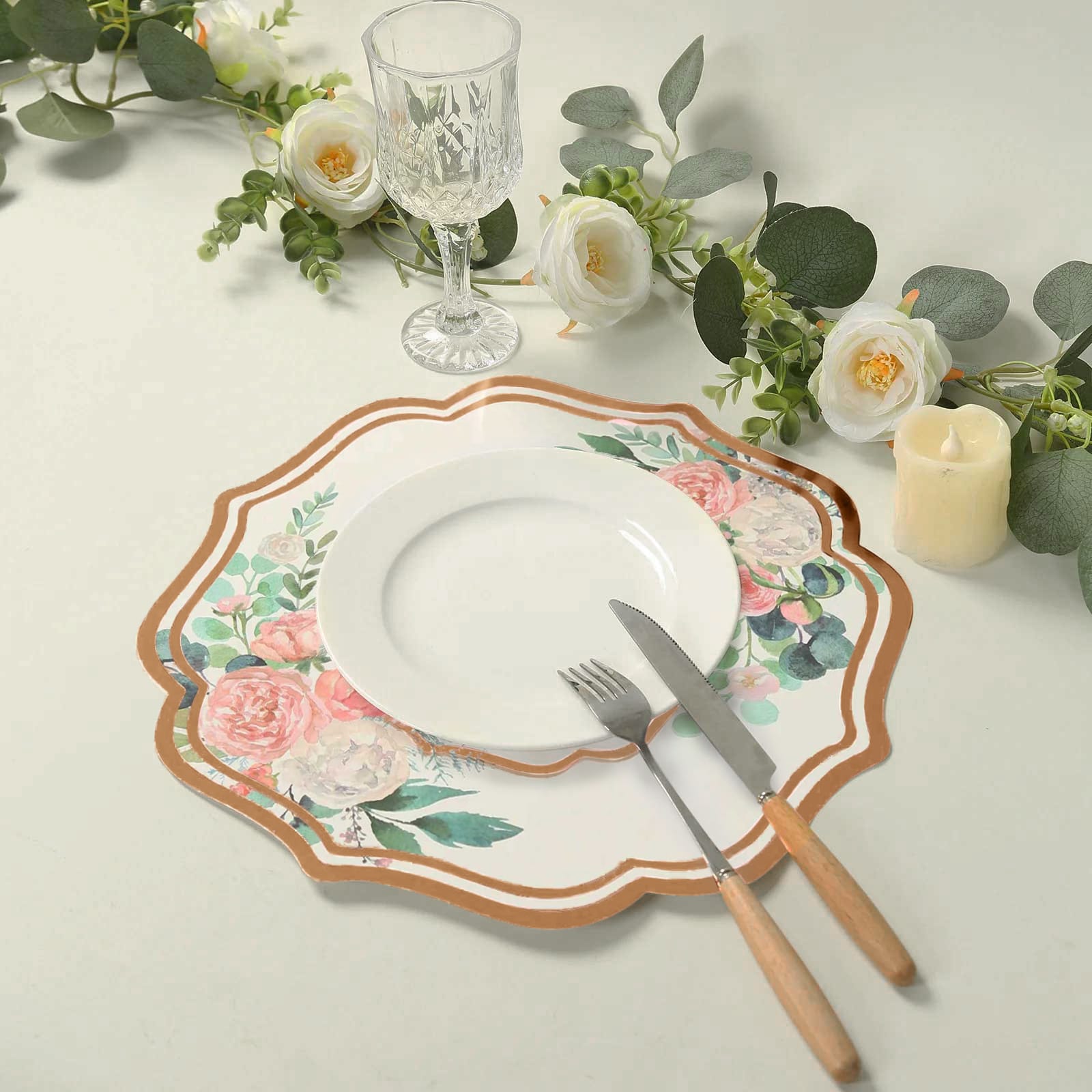 10-Pack Disposable Table Placemats in White with Peony Flowers Print & Rose Gold 13"