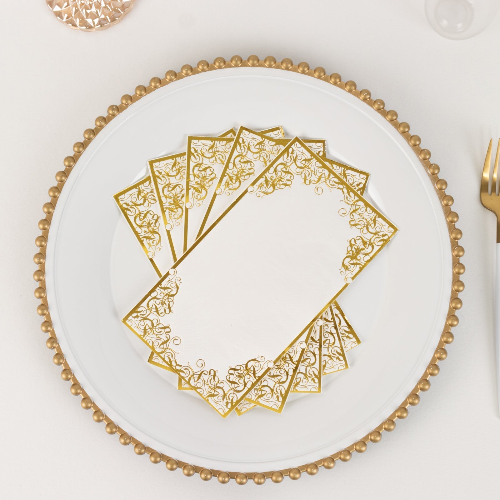 50-Pack Paper Dinner Napkins White with Gold Foil Lace Design 2 Ply - European Style Napkins for Parties 8"x4"