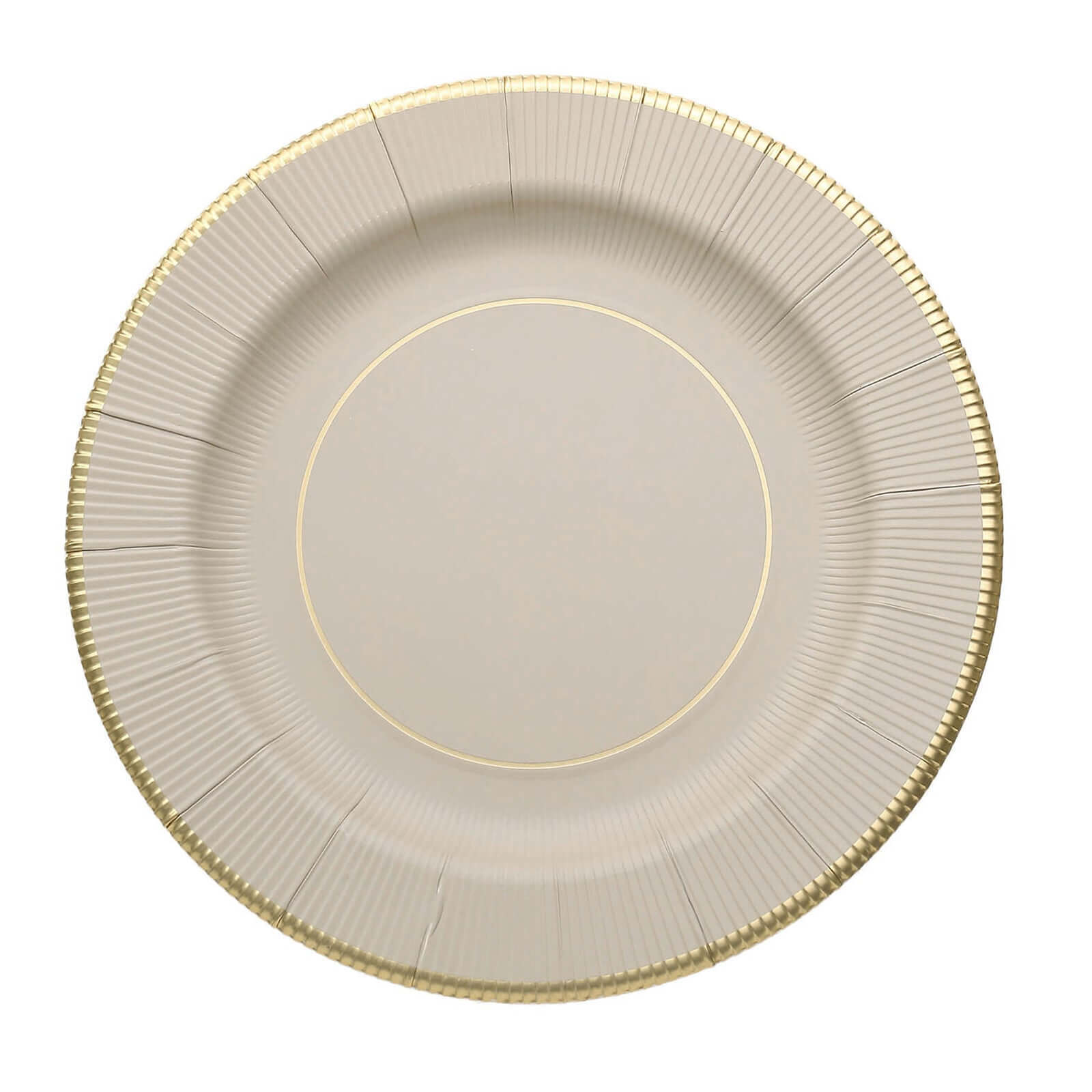 25-Pack Paper 10" Round Dinner Plates in Taupe Sunray Design with Gold Rim - Disposable Heavy Duty 350GSM Party Plates