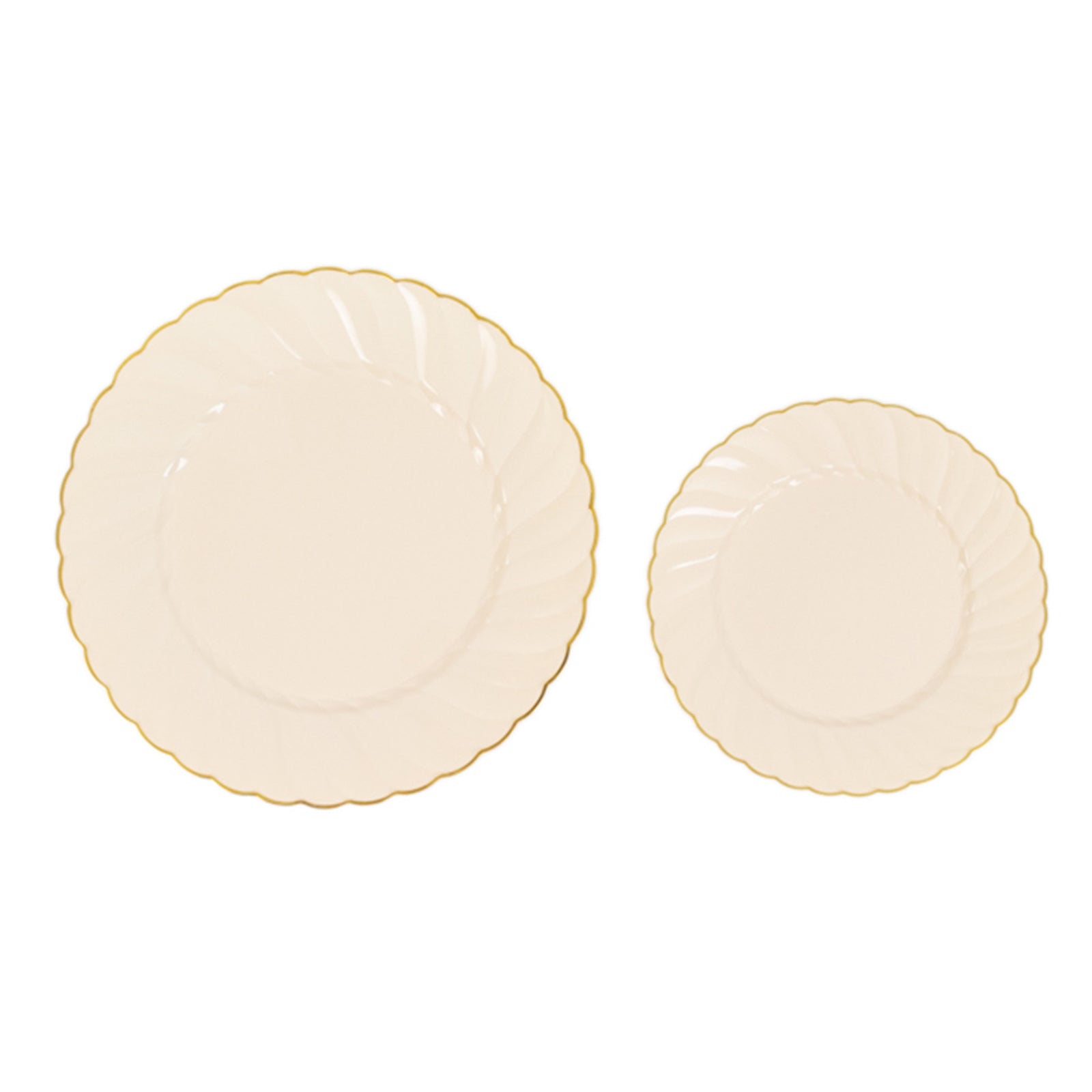 10-Pack Plastic 7.5" Round Salad Dessert Plates in Ivory with Gold Flair Rim - Disposable Party Plates