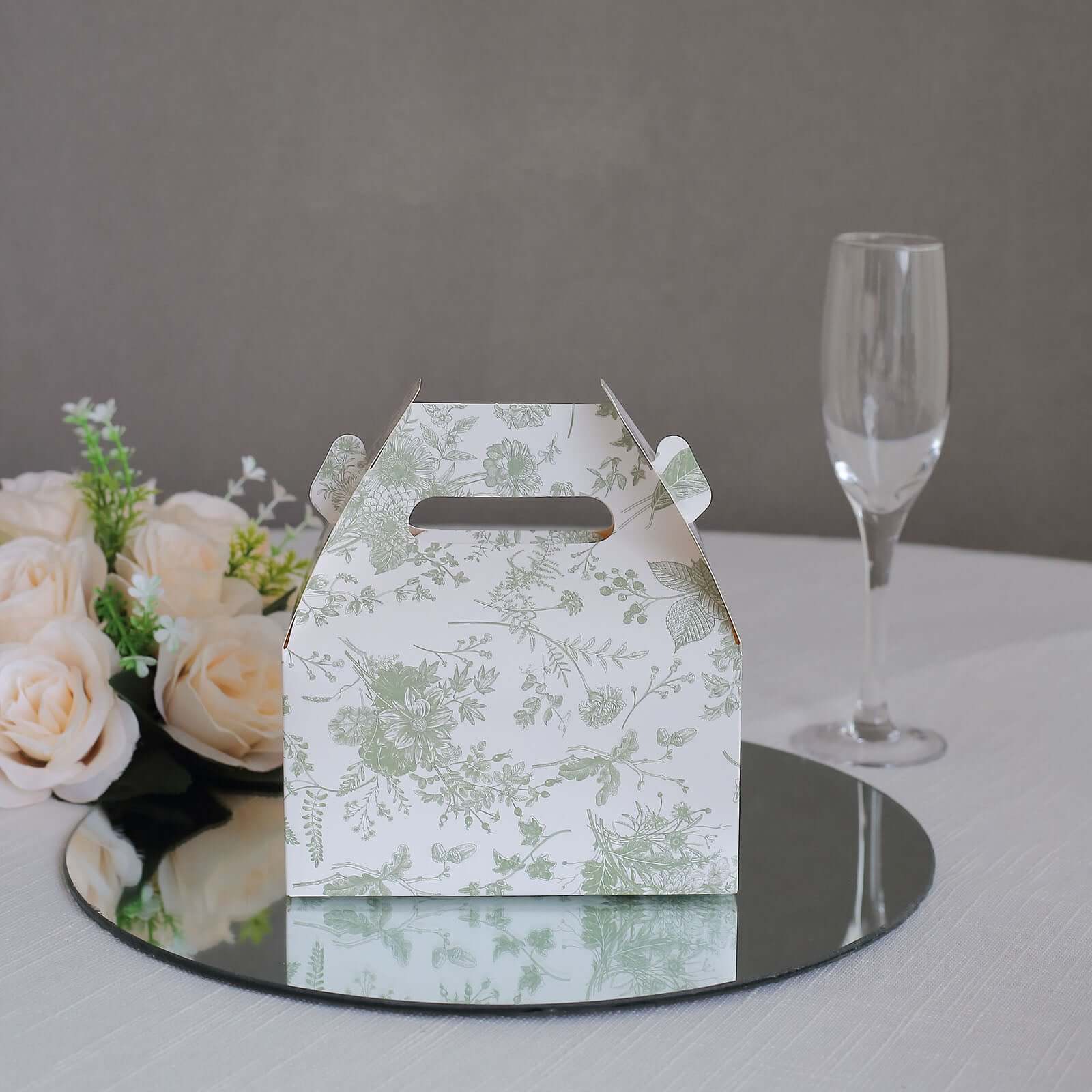 25 Pack White Sage Green Candy Gift Tote Gable Boxes in French Toile Pattern, Party Favor Treat Boxes - 6"x3.5"x7"