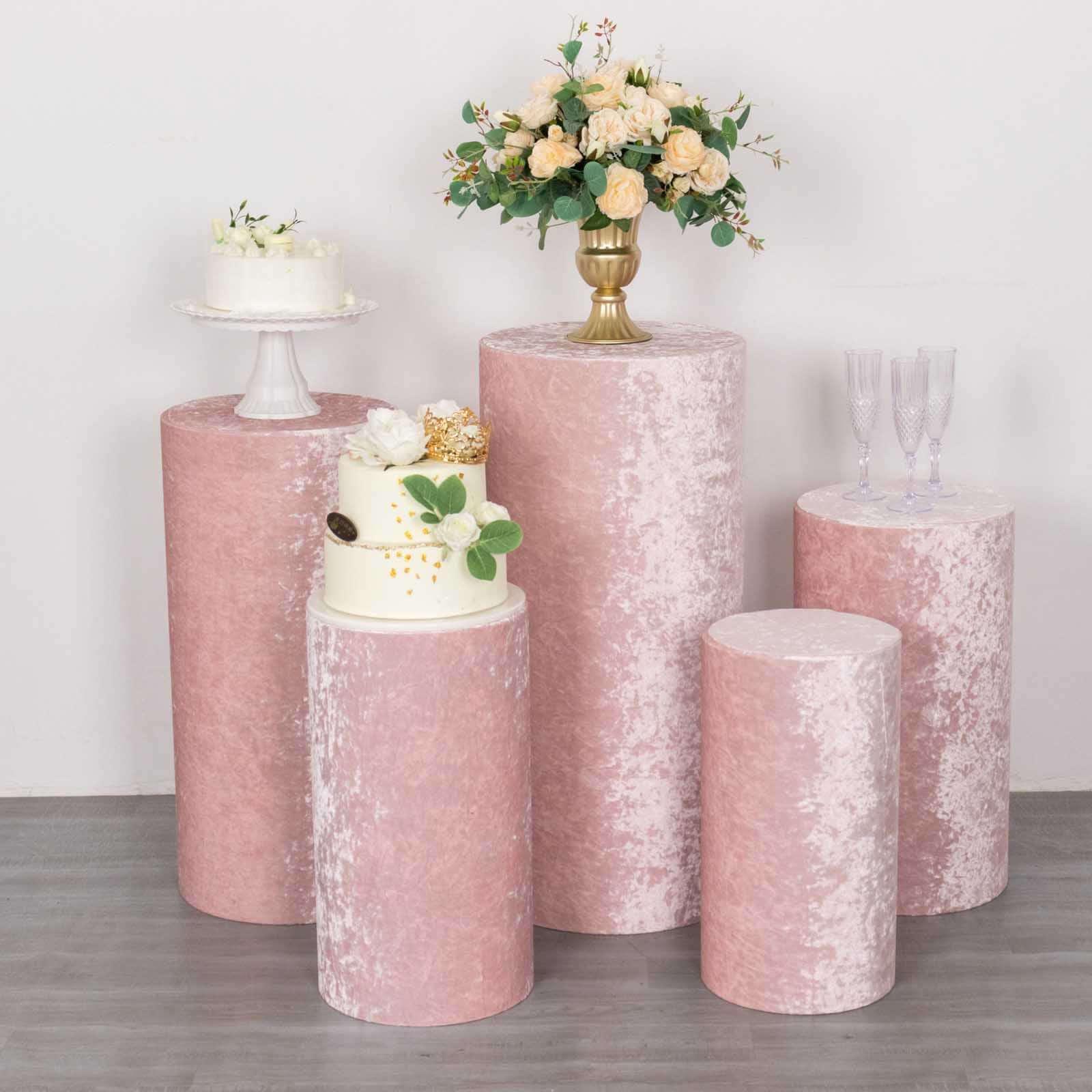 Set of 5 Blush Crushed Velvet Cylinder Pedestal Stand Covers, Premium Pillar Prop Covers