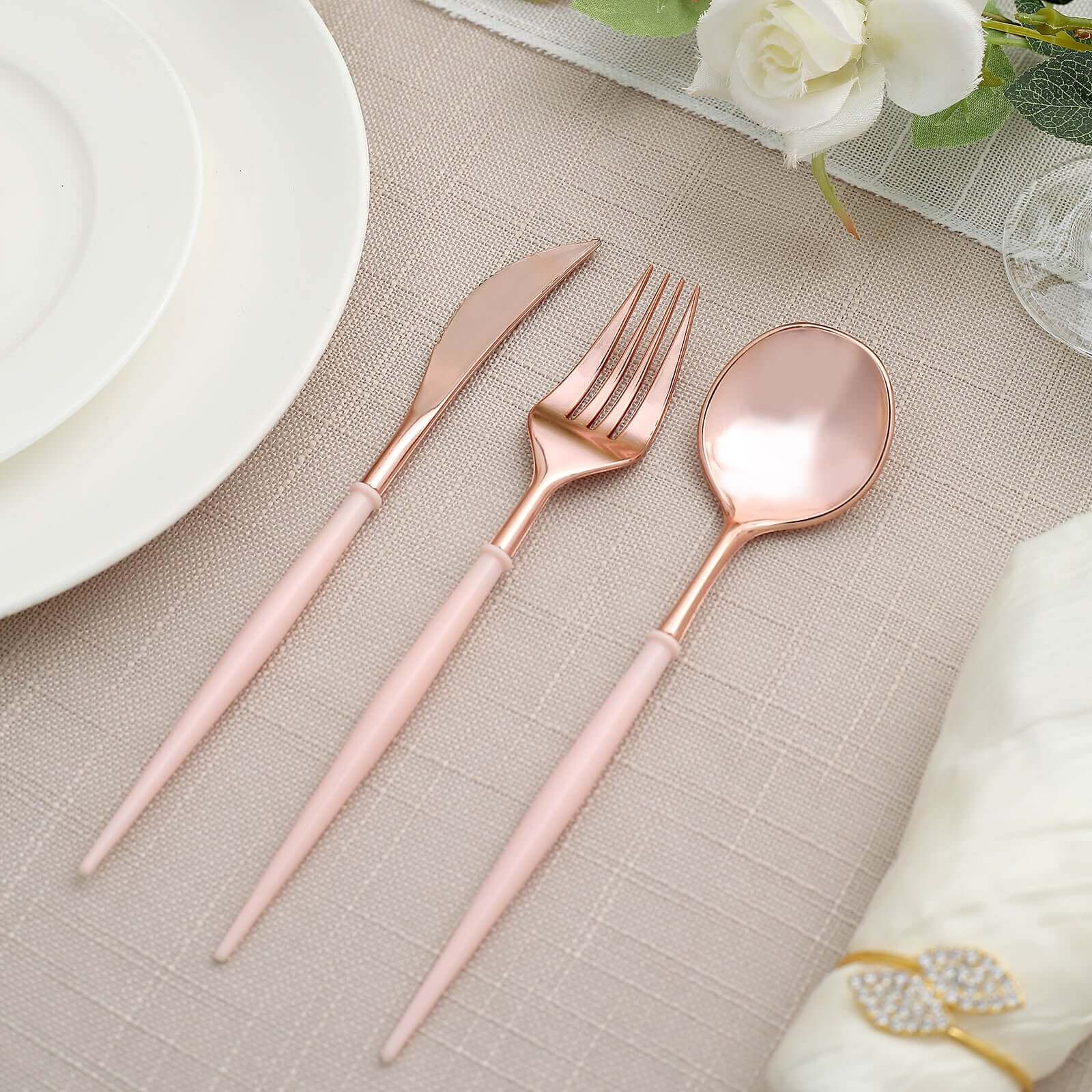 24-Pack Plastic Flatware Set in Rose Gold with Blush Handle - Heavy Duty Disposable Modern Silverware 8"