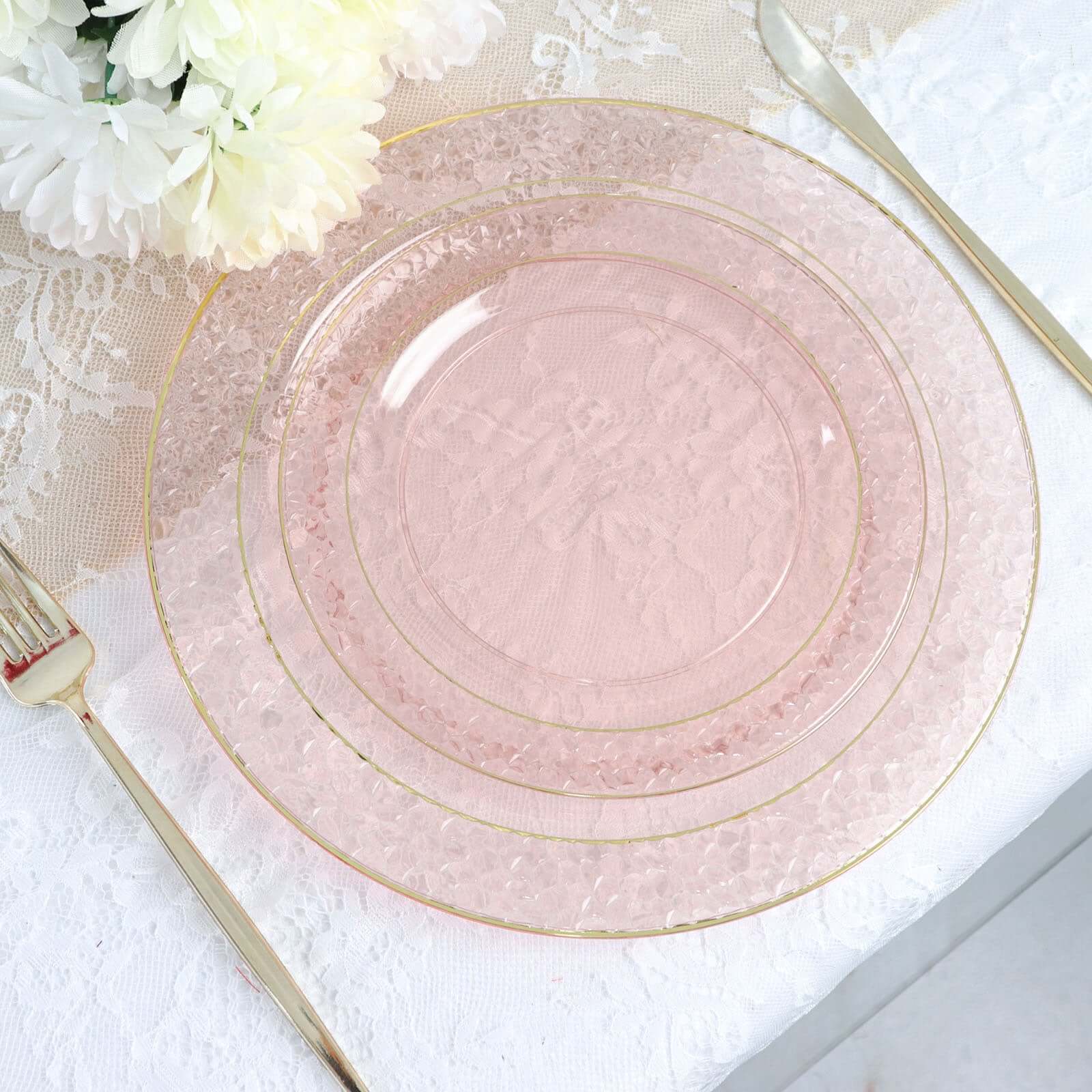 10-Pack Plastic 10" Round Dinner Plates in Blush Hammered Design with Gold Rim - Disposable Party Plates for Chic Banquets & Special Occasions