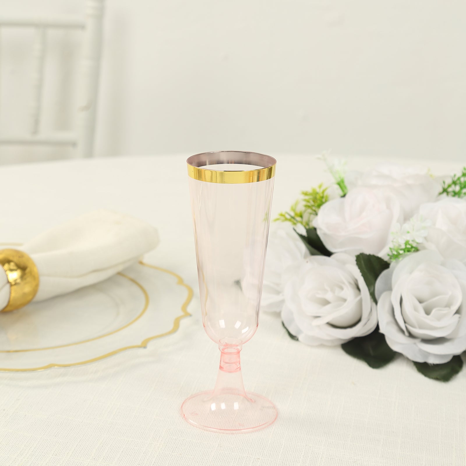 12-Pack Plastic Champagne Flutes Transparent Blush with Gold Rim - Stylish Disposable Cocktail Glasses for Parties 5oz 6"