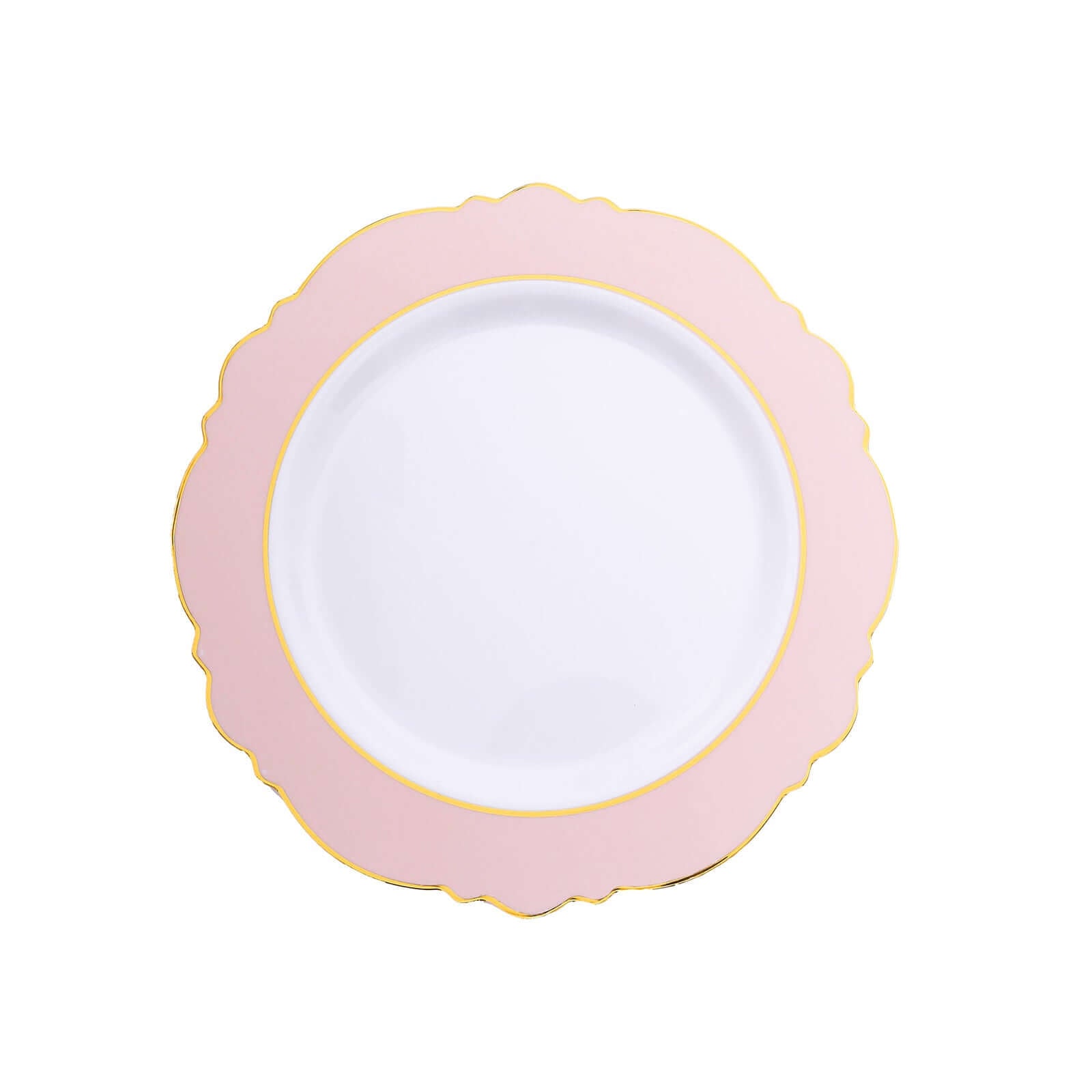 10-Pack Plastic 8" Round Dessert Plates in White with Blush Blossom Design & Gold Edging - Disposable Salad Appetizer Plates
