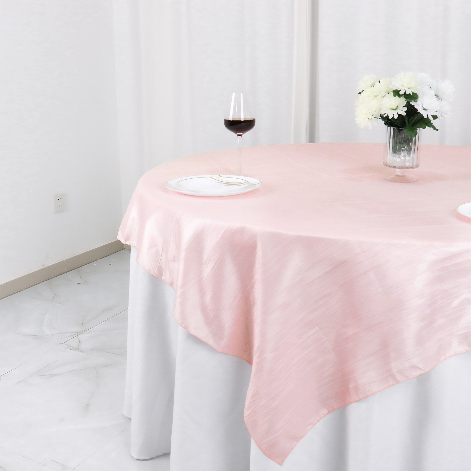 Taffeta 72"x72" Table Overlay Square Tablecloth Blush - Accordion Crinkle Table Cover