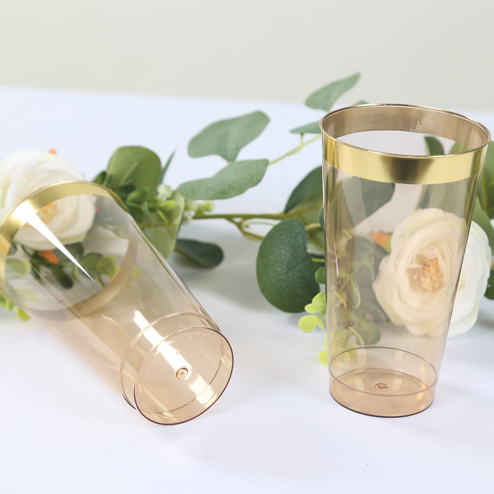 12-Pack Plastic Party Cups Transparent Amber Gold with Gold Rim - Durable Disposable Tumblers for Drinks 17oz 5.5"