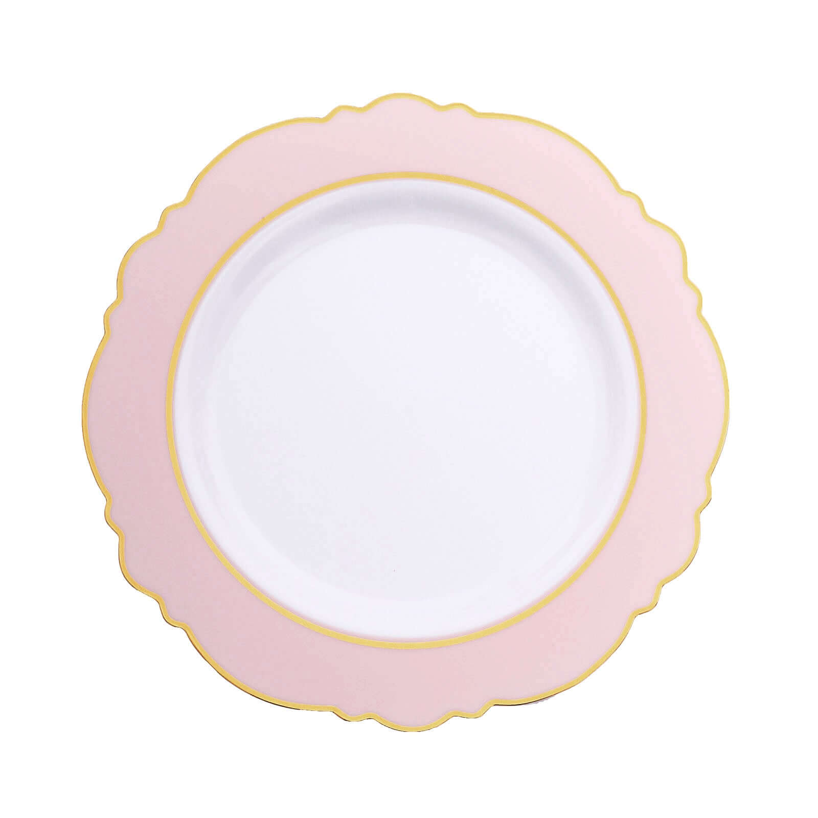 10-Pack Plastic 10" Round Dinner Plates in White with Blush Blossom Design & Gold Edging - Disposable Party Plates