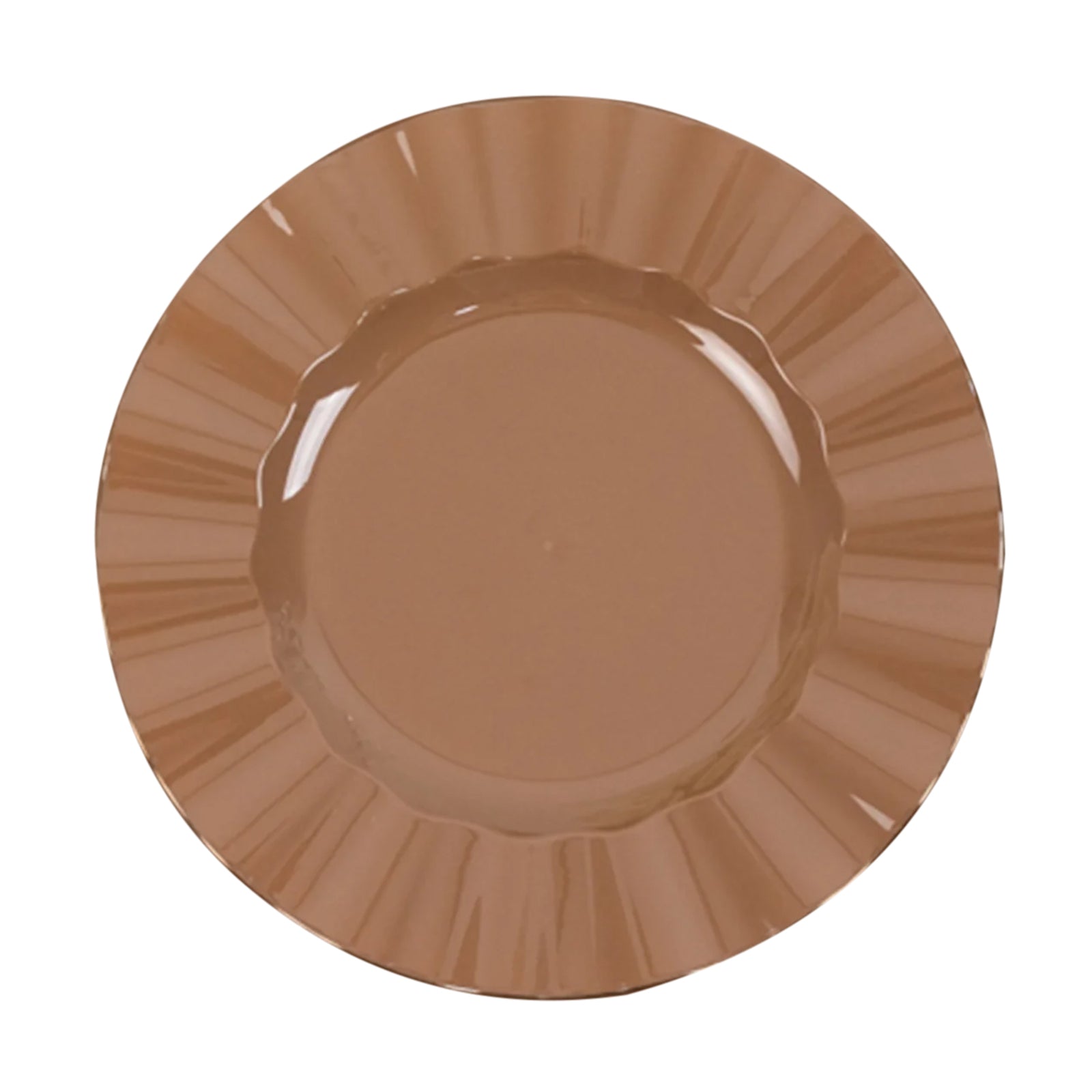 10-Pack Plastic 9" Round Dinner Plates in Coffee Brown Ruffled Rim with Gold Edging - Sturdy Disposable Dinnerware
