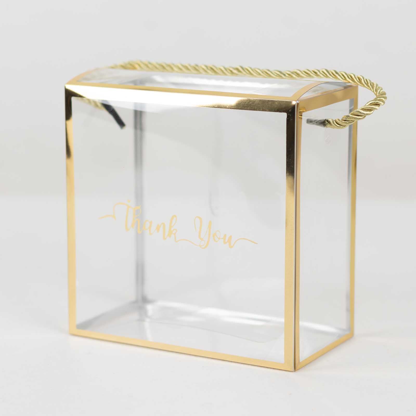 25 Pack Gold Trimmed Clear PVC Gift Boxes with Rope Handles and Thank You Print, Transparent Portable Candy Favor Boxes - 5.5"x5.5"