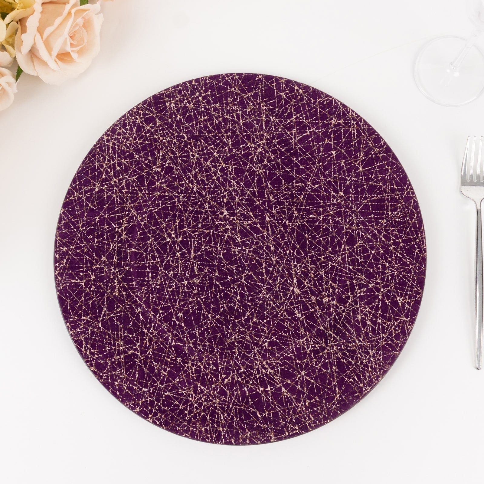 6-Pack Acrylic Round Charger Plates 13" in Purple with Gold Glitter Abstract Lines Pattern, Decorative Dinner Party Charger Tableware
