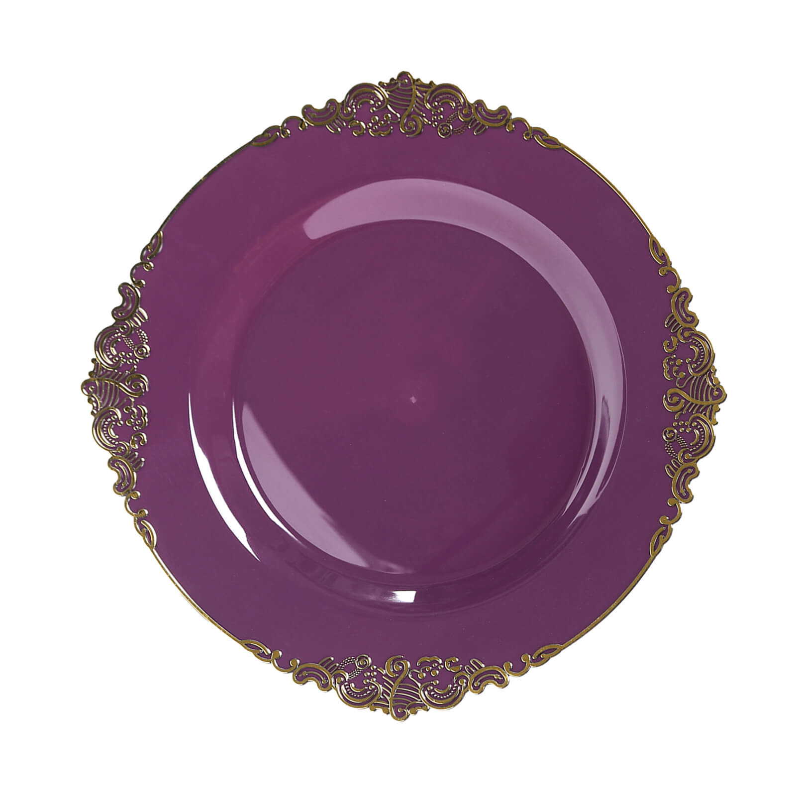 10-Pack Plastic 10" Round Dinner Plates in Purple with Gold Leaf Embossed Rim - Disposable Vintage Baroque Style Plates