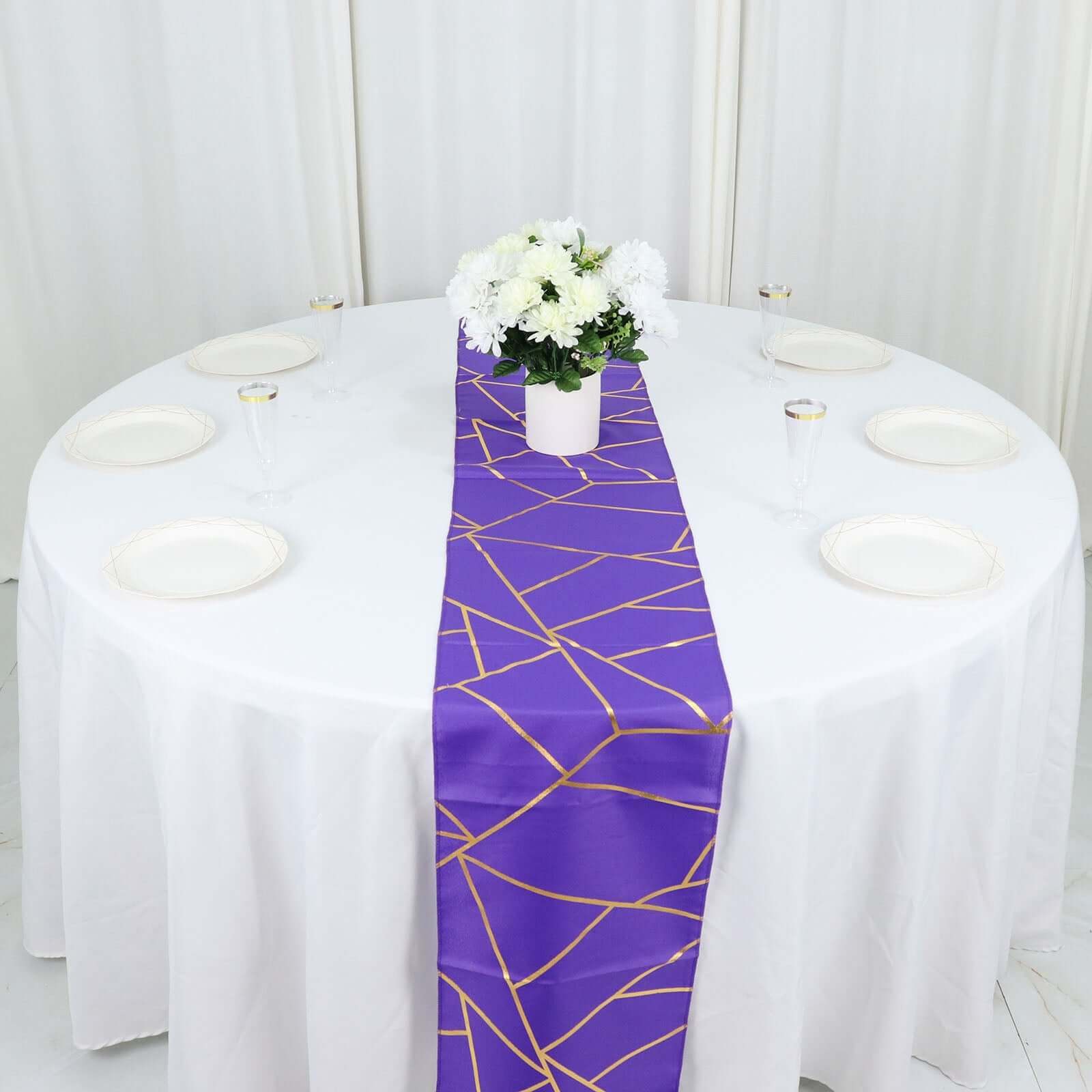 Polyester 9ft Table Runner Purple with Gold Foil Modern Geometric Accent