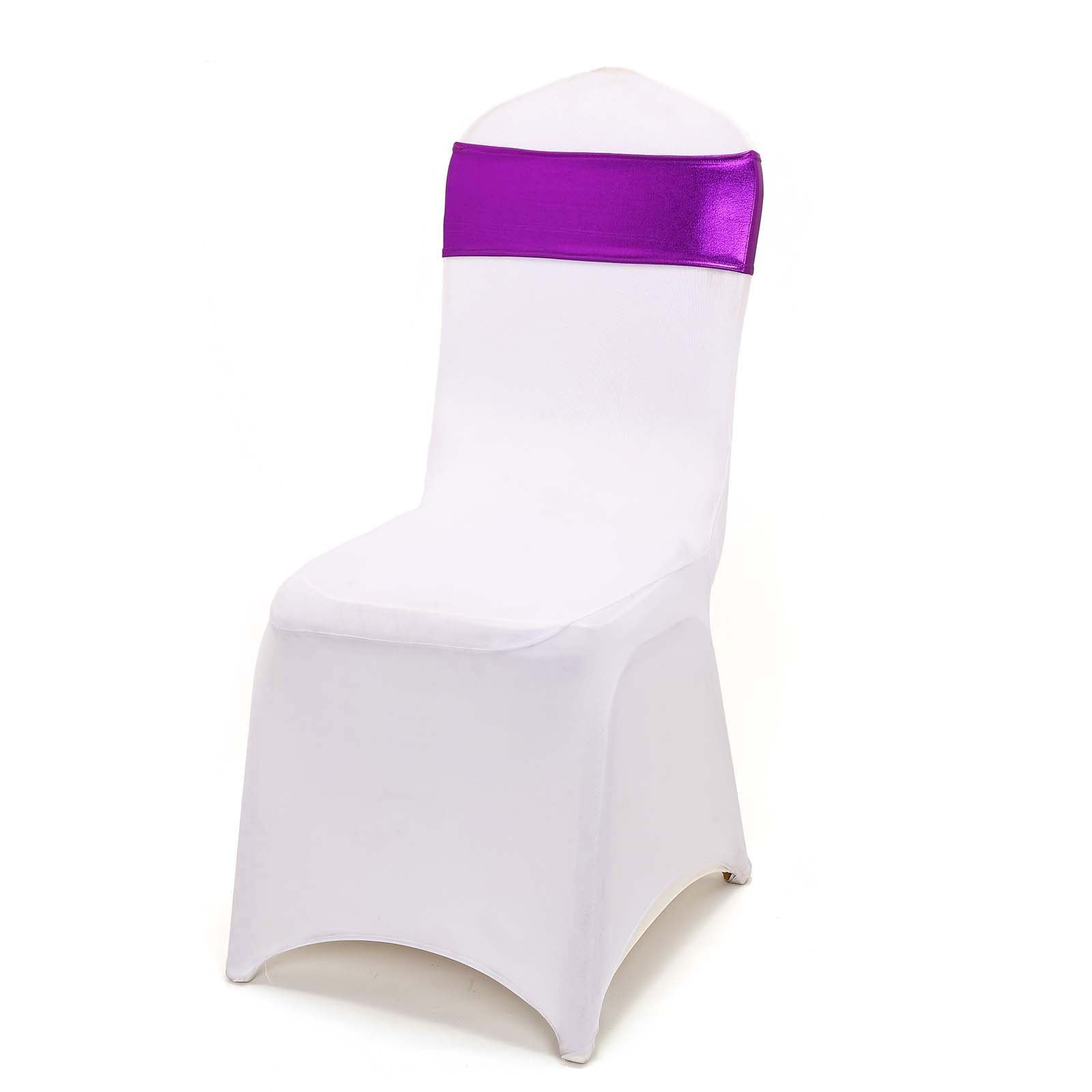 5 Pack Metallic Spandex Chair Sashes Purple - Stretch Fit Chair Bands With Round Diamond Buckles