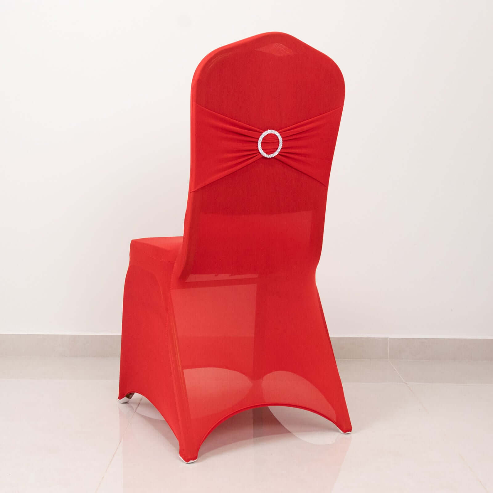 Spandex Chair Cover with Silver Rhinestone Buckled Sash Band Red - Stretch Fitted Slipcover