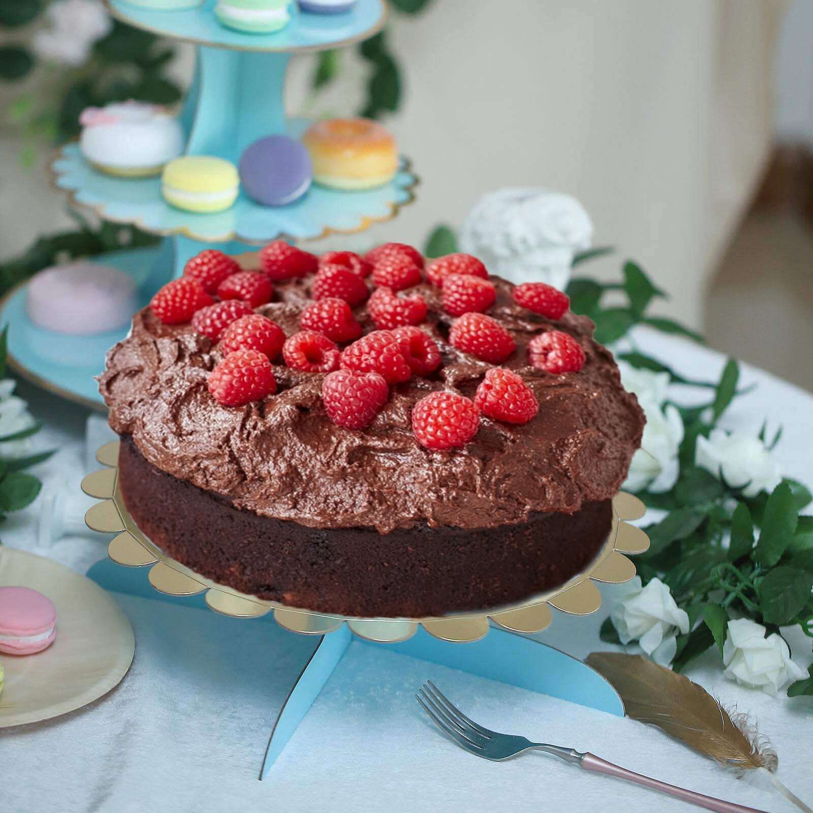 1-Tier Cardboard Cake Stand Light Blue - Stylish Reusable Cupcake Dessert Holder with Gold Scalloped Rim for Baby Showers Birthdays & Events 13"