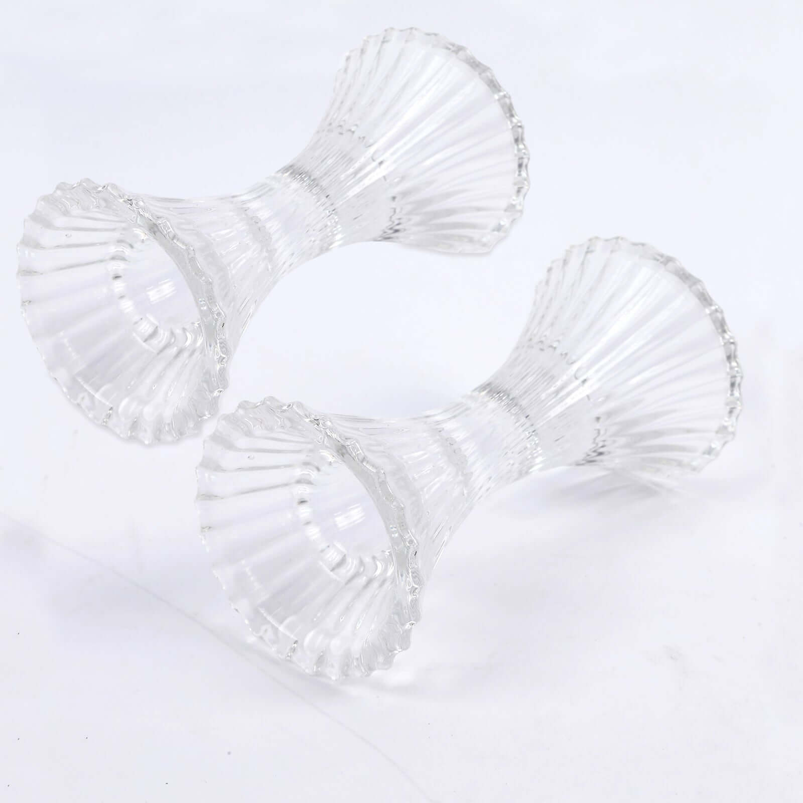 2-Pack Crystal Pillar Candlestick Stands Hour Glass Design with Diagonal Stripes Clear - Reversible Taper Holders 5"