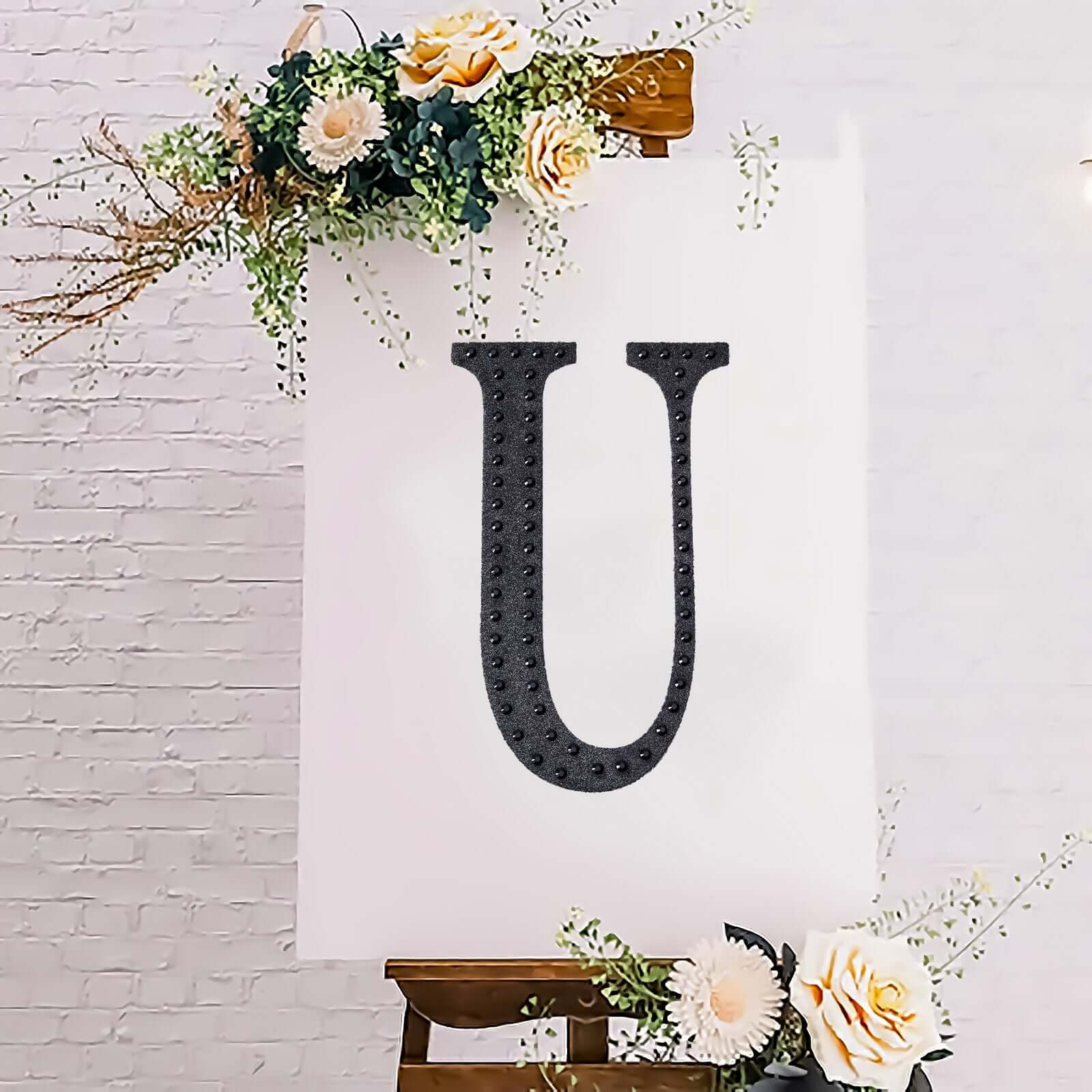 Decorative Rhinestone Alphabet "U" Letter Stickers, Glitter Adhesive Craft Letters Black DIY Sparkle Embellishments 8"