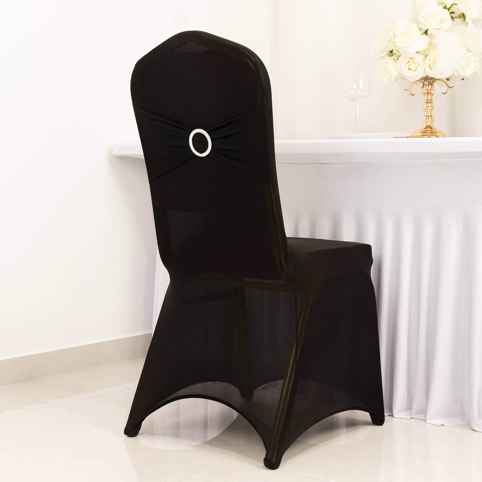 Spandex Chair Cover with Silver Rhinestone Buckled Sash Band Black - Stylish Stretch Fitted Slipcover for Banquets & Events