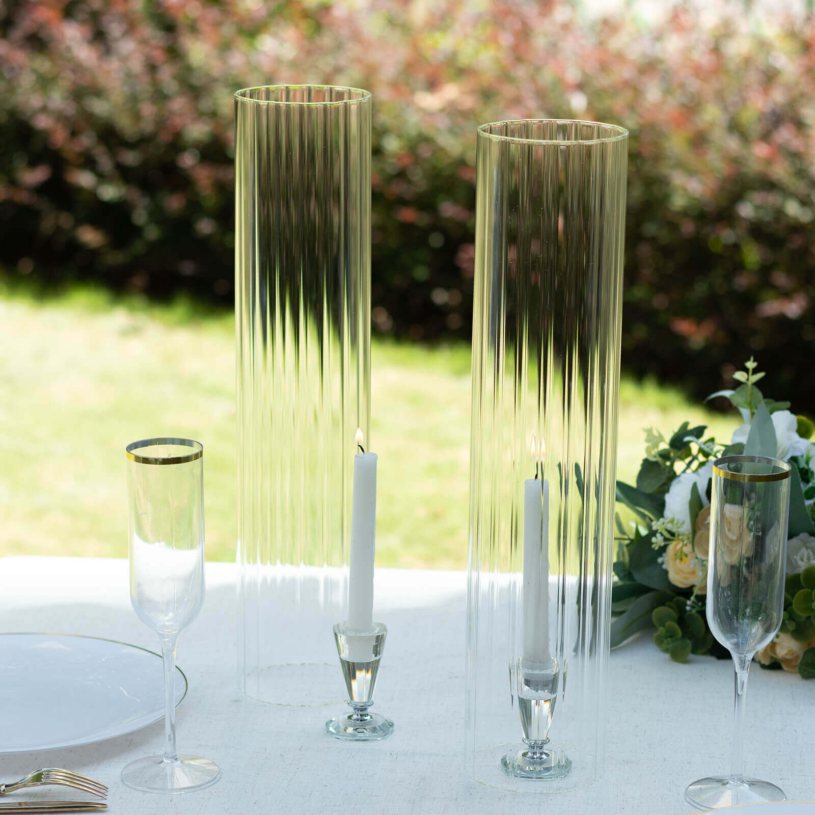 2-Pack Clear Ribbed Glass Hurricane Shades Open End Design - Stylish Candelabra Pillar Candle Holder Table Centerpiece 18"