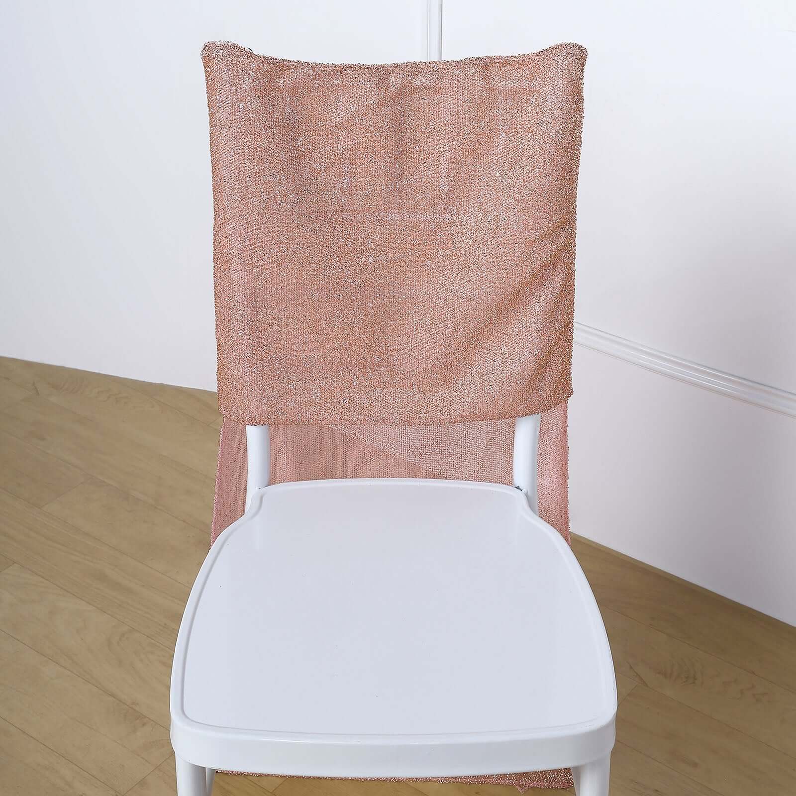 Stretch Spandex Chair Back Slipcover with Metallic Shimmer Tinsel Rose Gold - Durable Chiavari Chair Back Cover