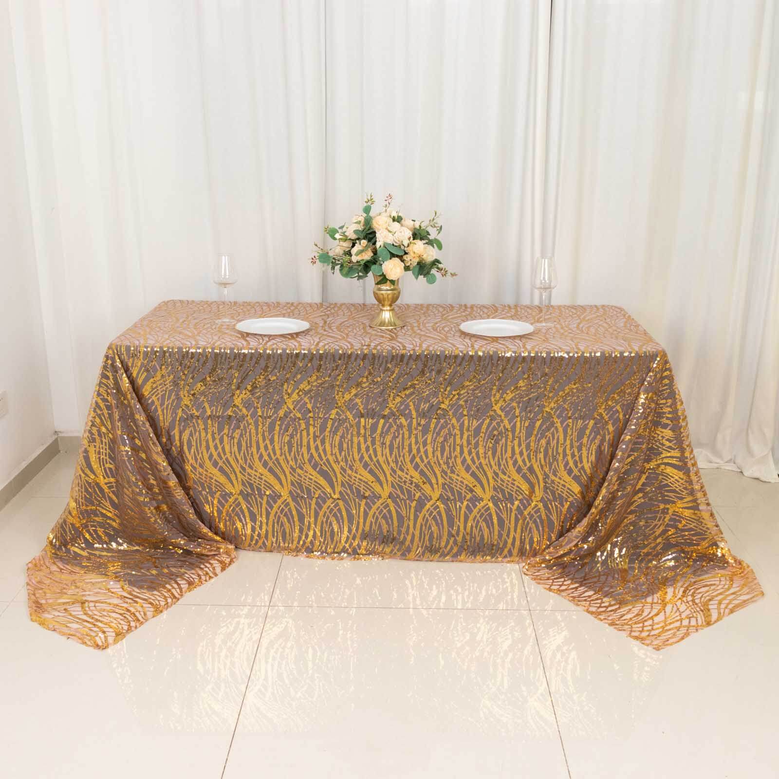 Mesh 90"x156" Rectangle Tablecloth Rose Gold/Gold - Wave Sequin Embroidered Table Cover