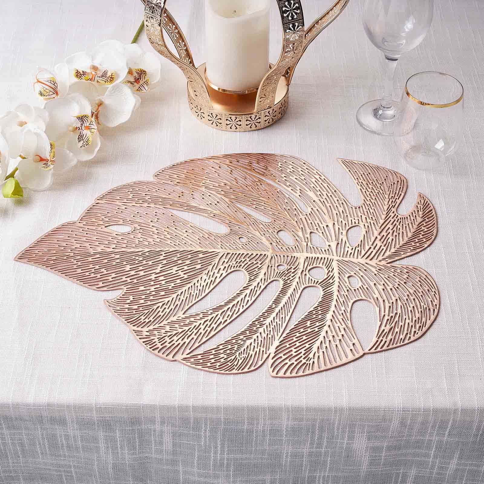 6-Pack Dining Table Mats Monstera Leaf Design Rose Gold - Vinyl Non-Slip Surface for Tropical Themes 18"