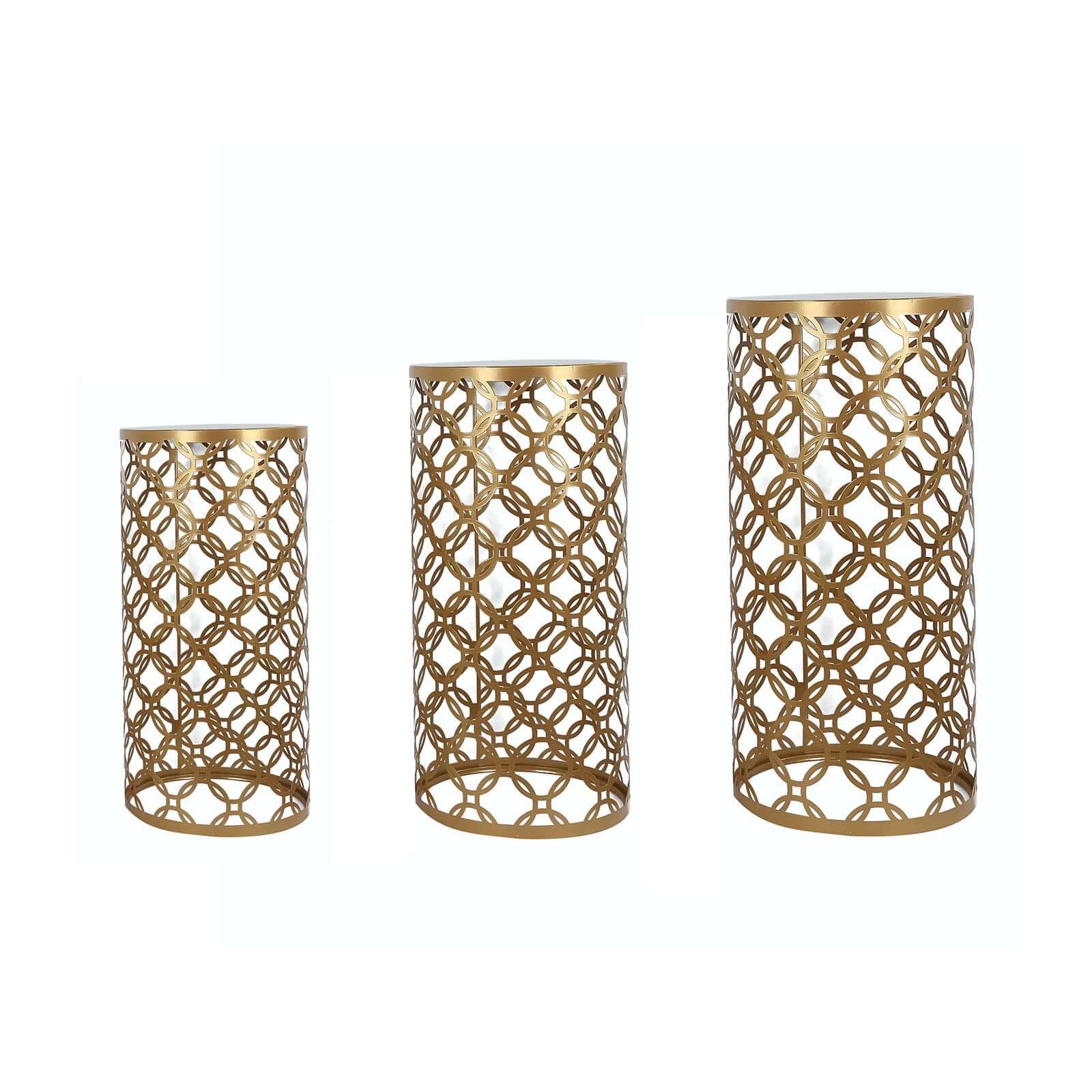 Set of 3 Gold Metal Cylinder Pillar Cake Display Stands, Round Mesh Plinth Pedestal Stand in Hollow Overlapping Circles Pattern - 22",24",30"