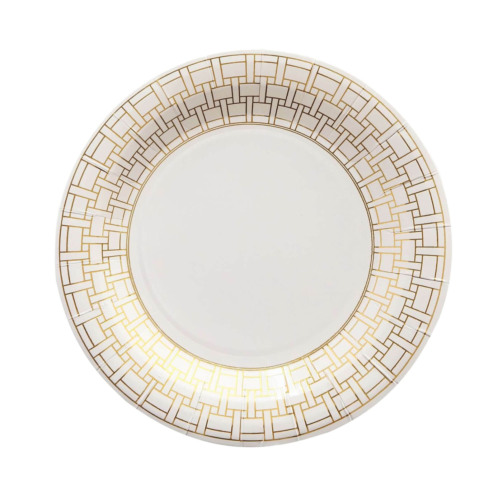 25-Pack Paper 9" Round Dinner Plates in White with Gold Basketweave Rim - Disposable Party Plates for Stylish Soirées & Festive Brunches