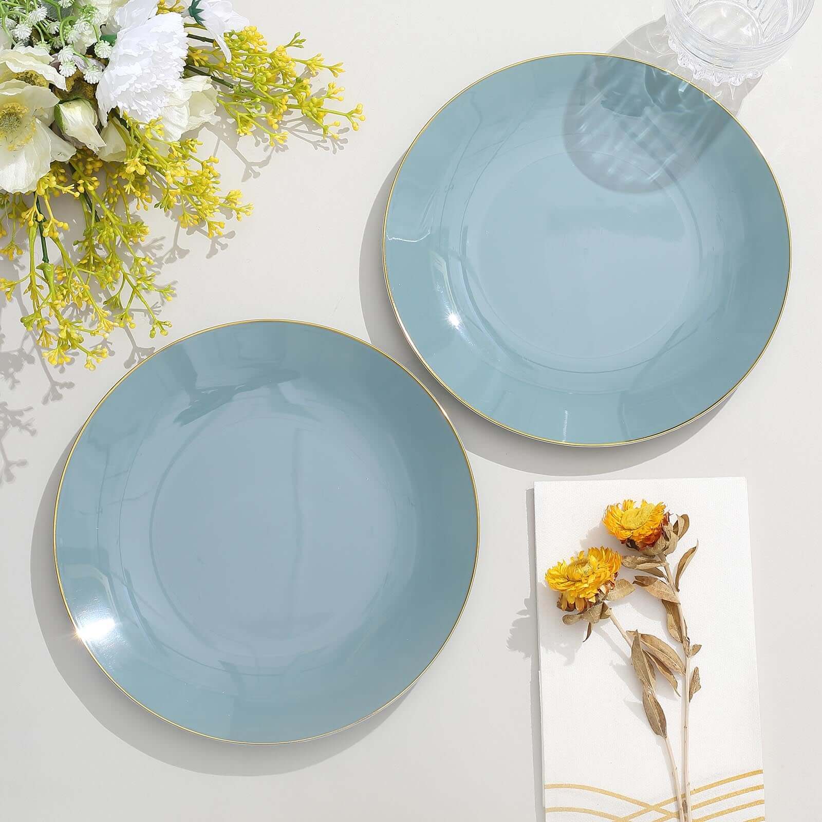 10-Pack Plastic 8" Round Dessert Plates in Dusty Blue with Gold Rim - Glossy Disposable Appetizer Salad Plates