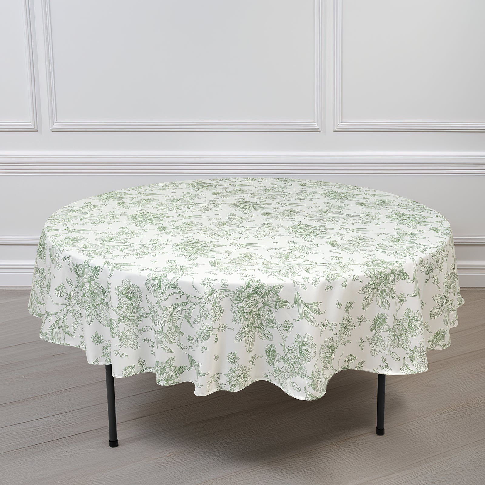 Polyester 90" Round Tablecloth White - Dusty Sage Green French Toile Pattern for Chic Weddings