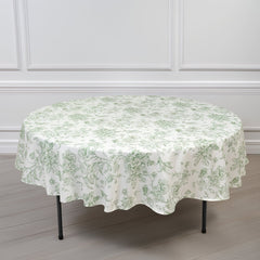 Polyester 90" Round Tablecloth White - Dusty Sage Green French Toile Pattern for Chic Weddings