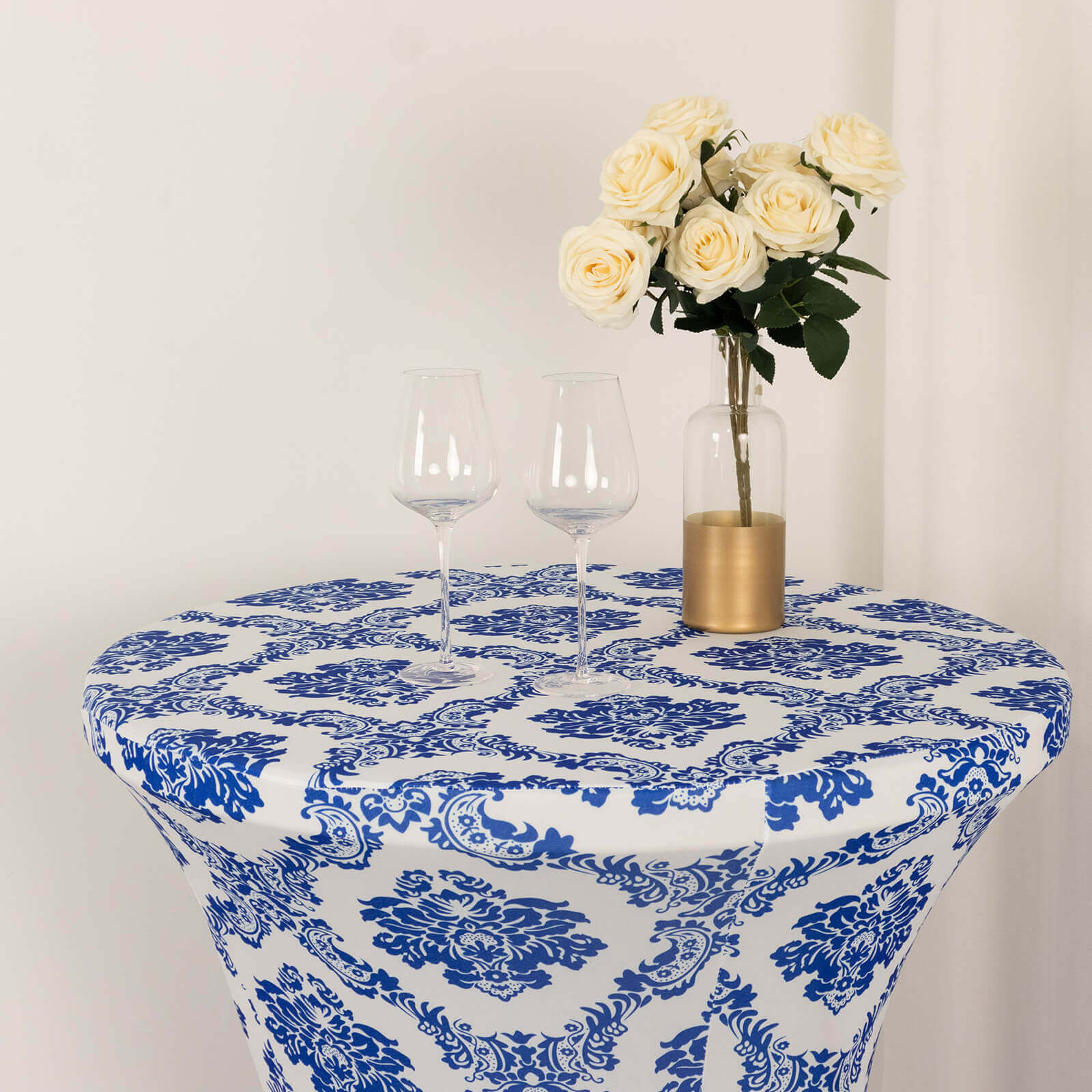 Spandex 30" Round Cocktail Table Cover Royal Blue Damask Highboy Tables - Easy to Maintain Stretch Fitted Tablecloth