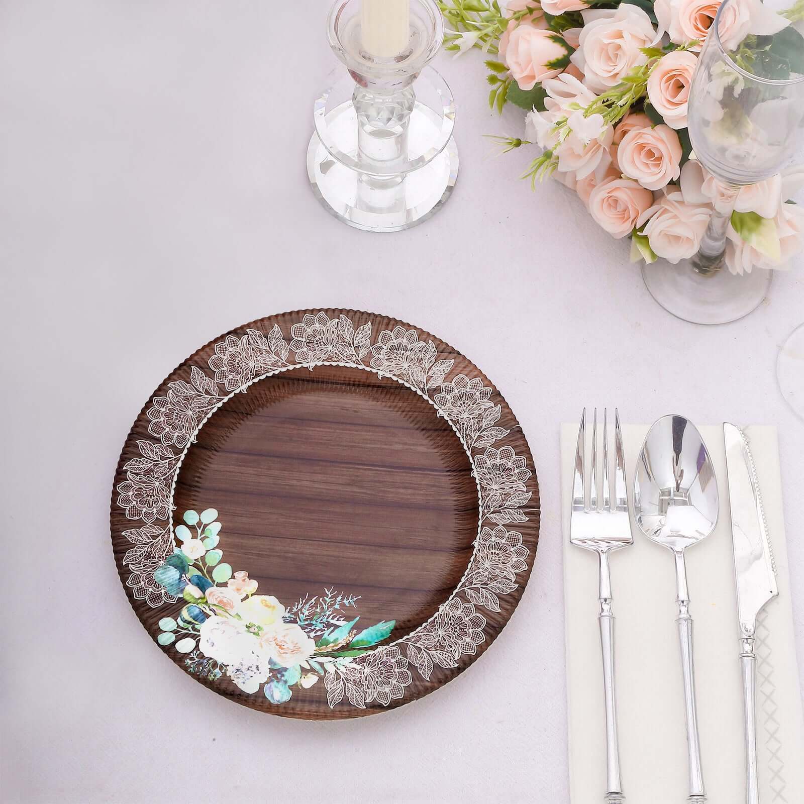 25-Pack Disposable Round Charger Plates in Brown Rustic Wood Print with Floral Lace Rim - Durable Paper Chargers for Rustic Themes & Outdoor Events 13"