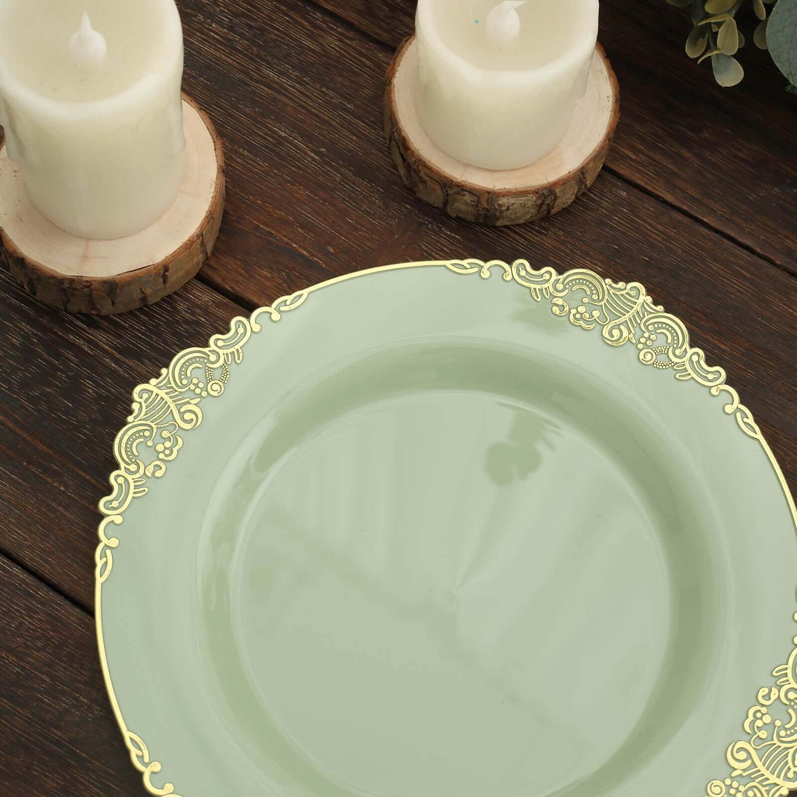 10-Pack Plastic 8" Round Dessert Plates in Sage Green with Gold Leaf Embossed Rim - Disposable Vintage Baroque Style Salad Plates