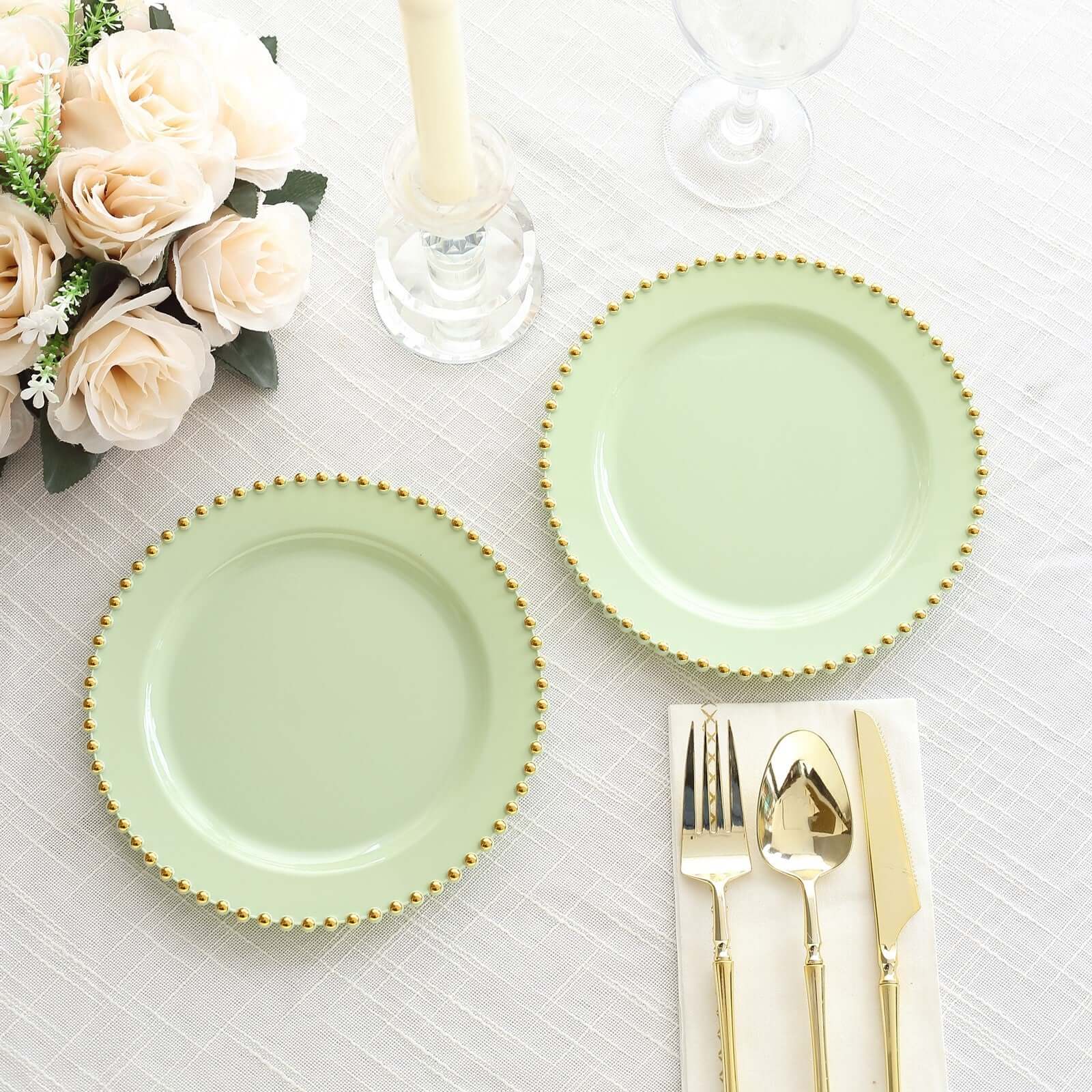 10-Pack Sage Green Plastic Dessert Plates – 8" Round with Gold Beaded Rim, Disposable for Parties & Events