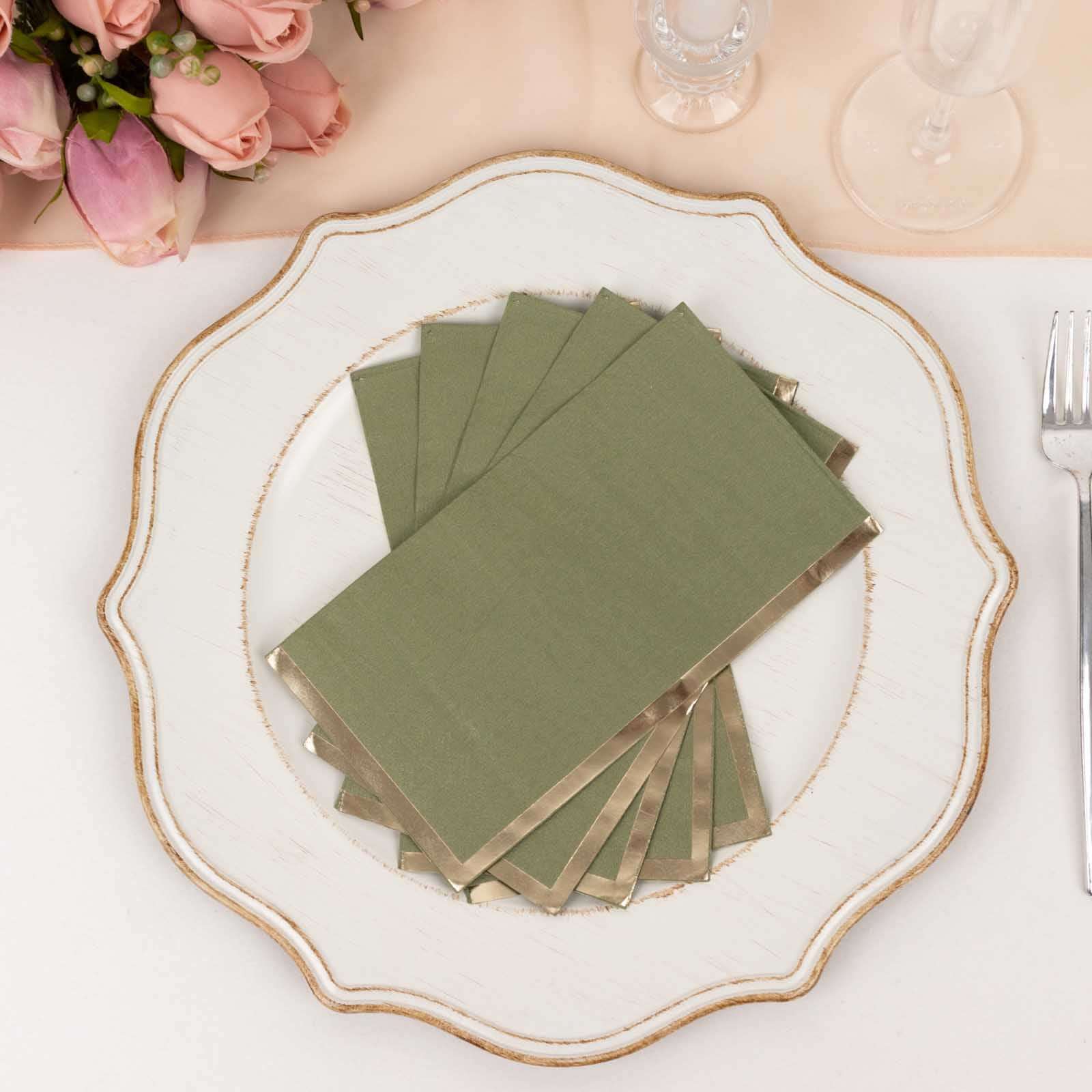 50-Pack Paper Dinner Napkins Dusty Sage Green with Gold Foil Edge 2 Ply - Stylish Disposable Napkins