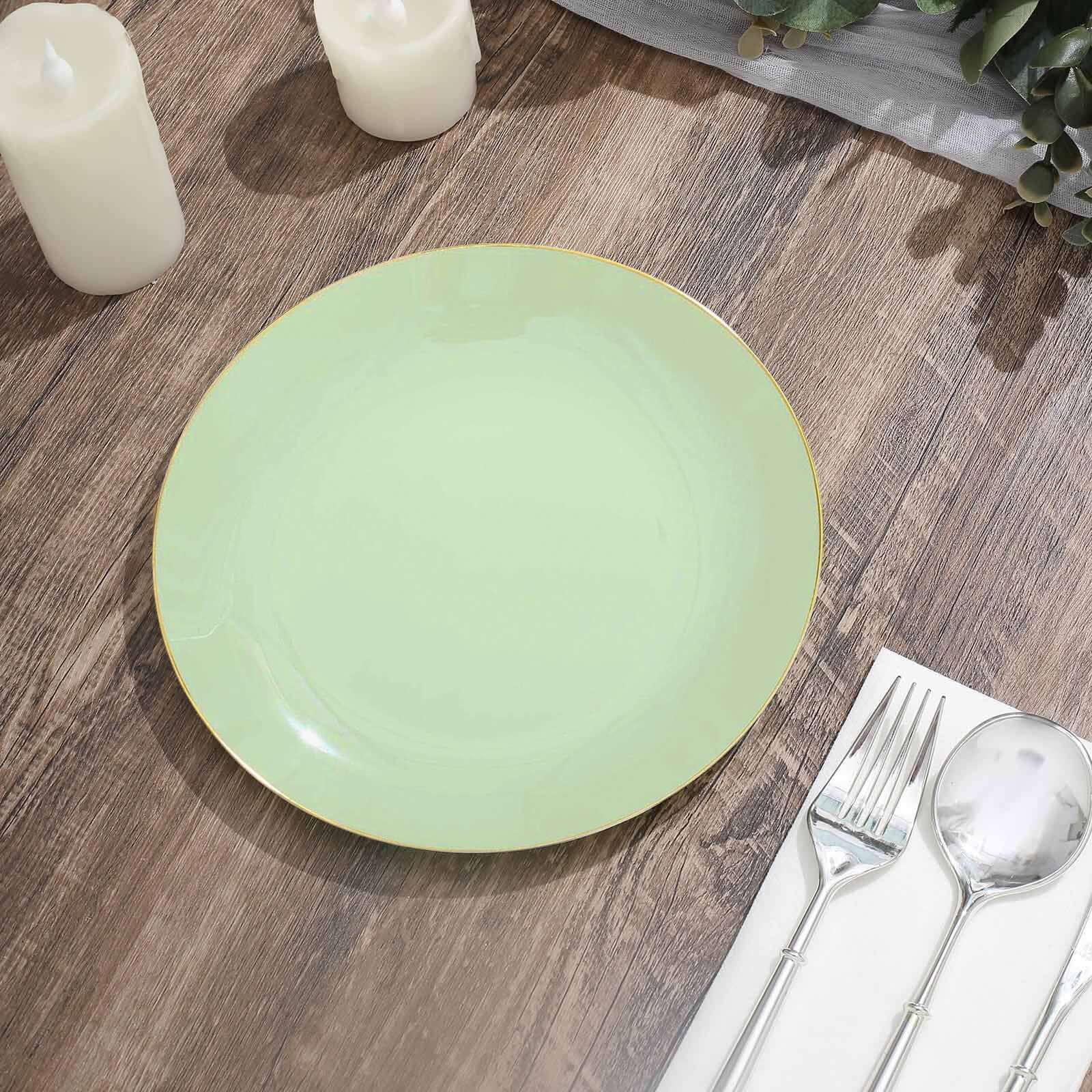 10-Pack Plastic 8" Round Dessert Plates in Sage Green with Gold Rim - Glossy Disposable Appetizer Salad Plates