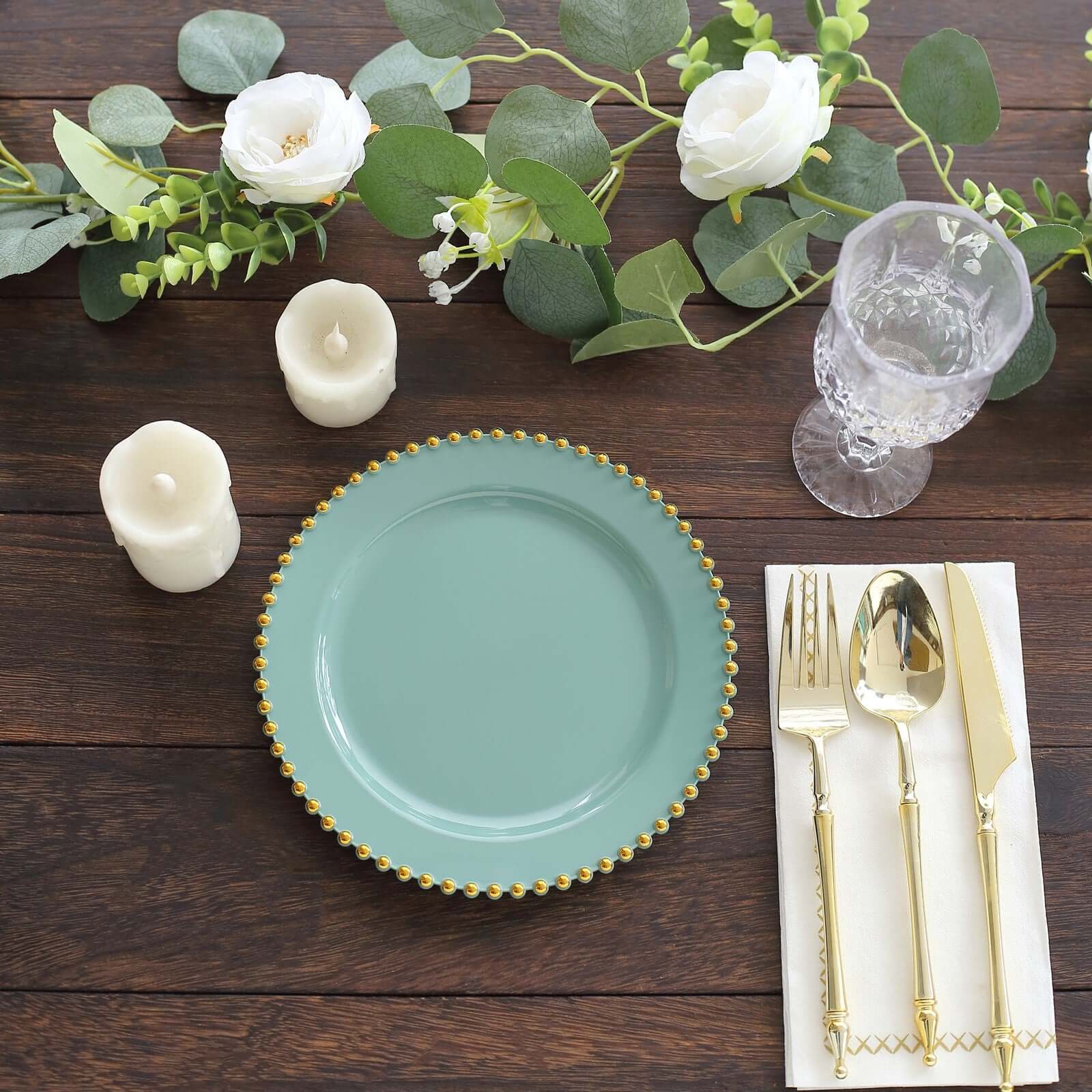 10-Pack Dusty Sage Green Plastic Dessert Plates – 8" Round with Gold Beaded Rim, Disposable for Parties & Events