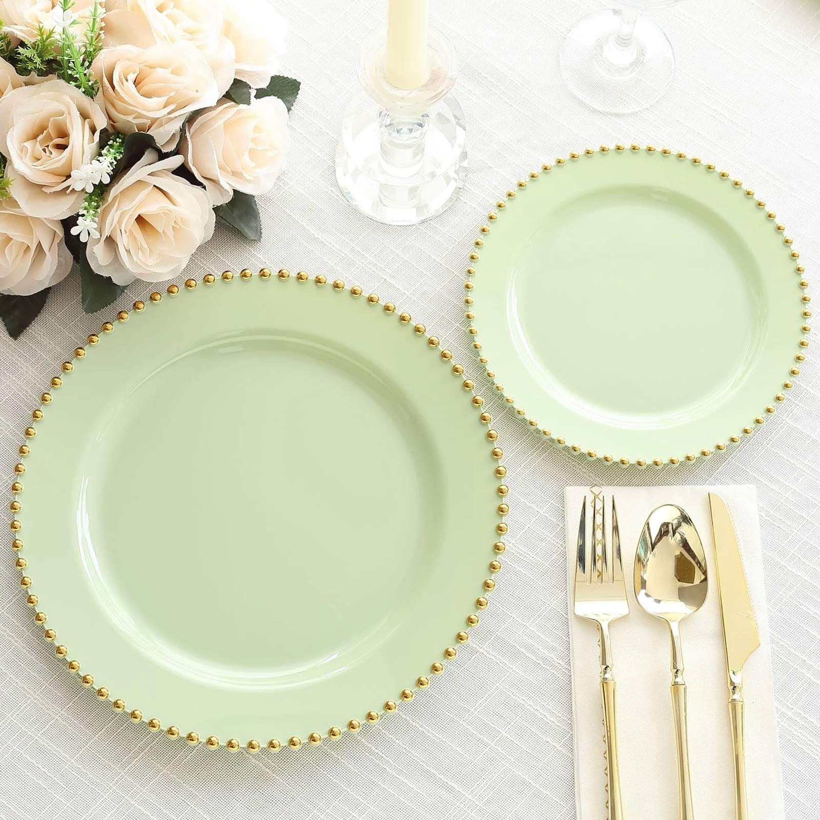 10-Pack Plastic 10" Round Dinner Plates in Sage Green with Gold Beaded Rim - Disposable Party Plates for Banquets & Festive Occasions