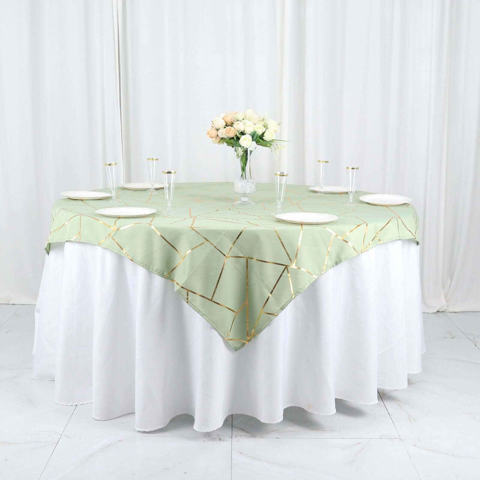 Polyester 54"x54" Table Overlay Square Tablecloth Sage Green with Gold Foil Geometric Pattern - Wrinkle-Resistant & Durable for Stylish Settings