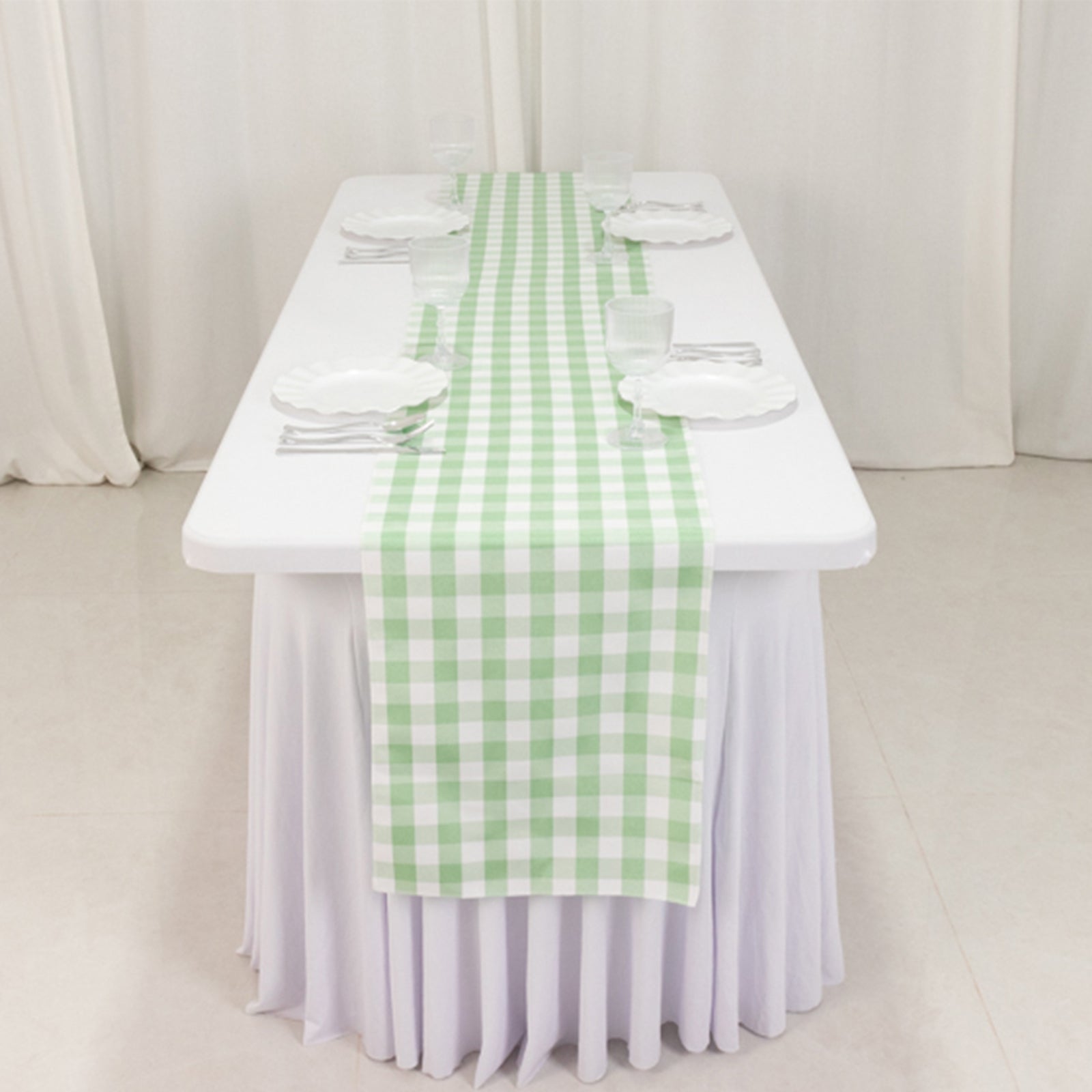 Polyester 14"x108" Table Runner Sage Green/White - Gingham Plaid Design