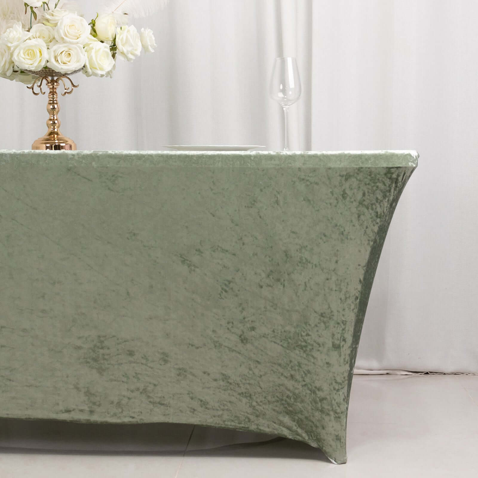 Crushed Velvet Fitted Rectangular 6ft Table Cover Sage Green - Wrinkle-Free Stretchy Tablecloth