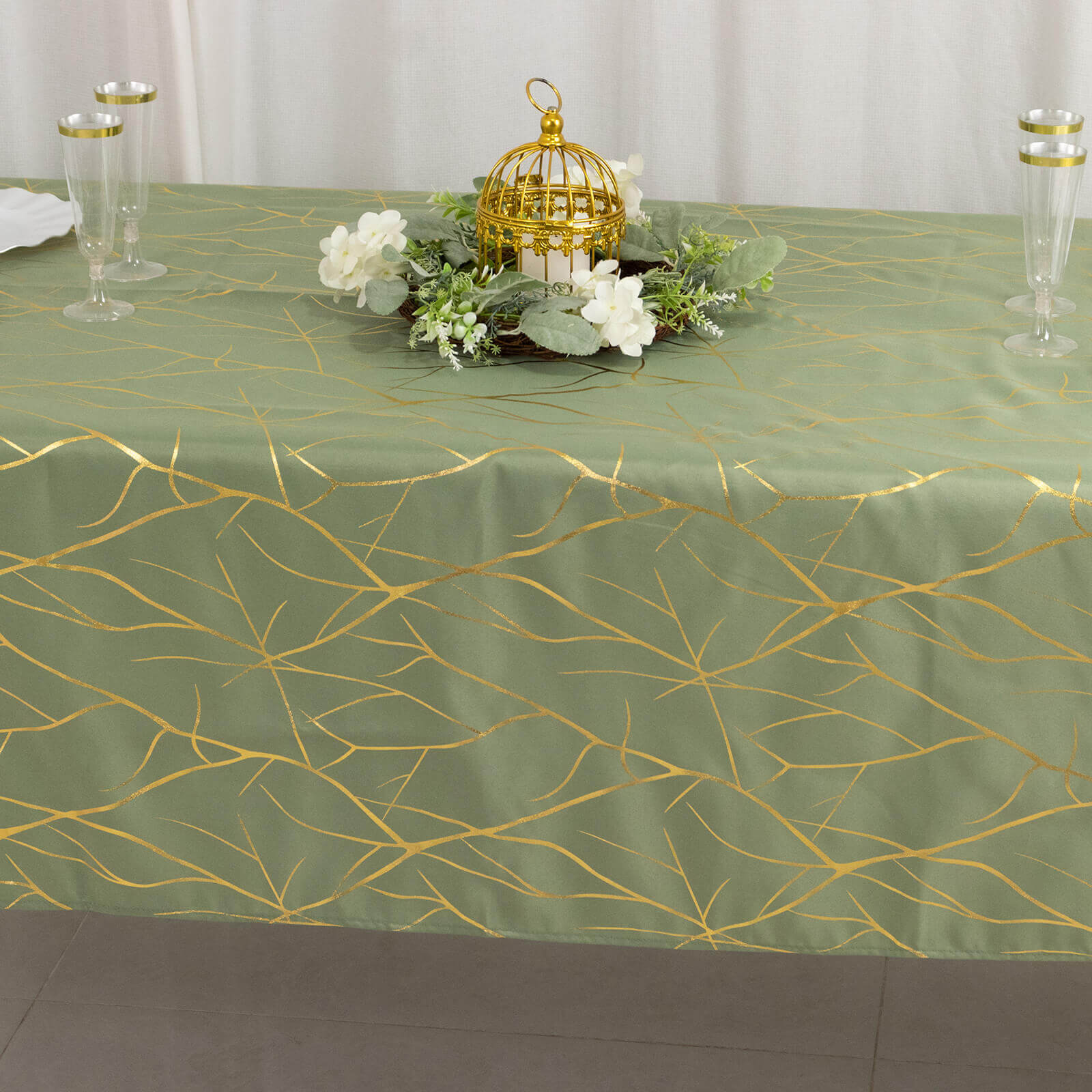 Polyester 60"x102" Rectangle Tablecloth Dusty Sage Green with Gold Foil Tree Branch Pattern - Wrinkle-Resistant & Durable Table Cover