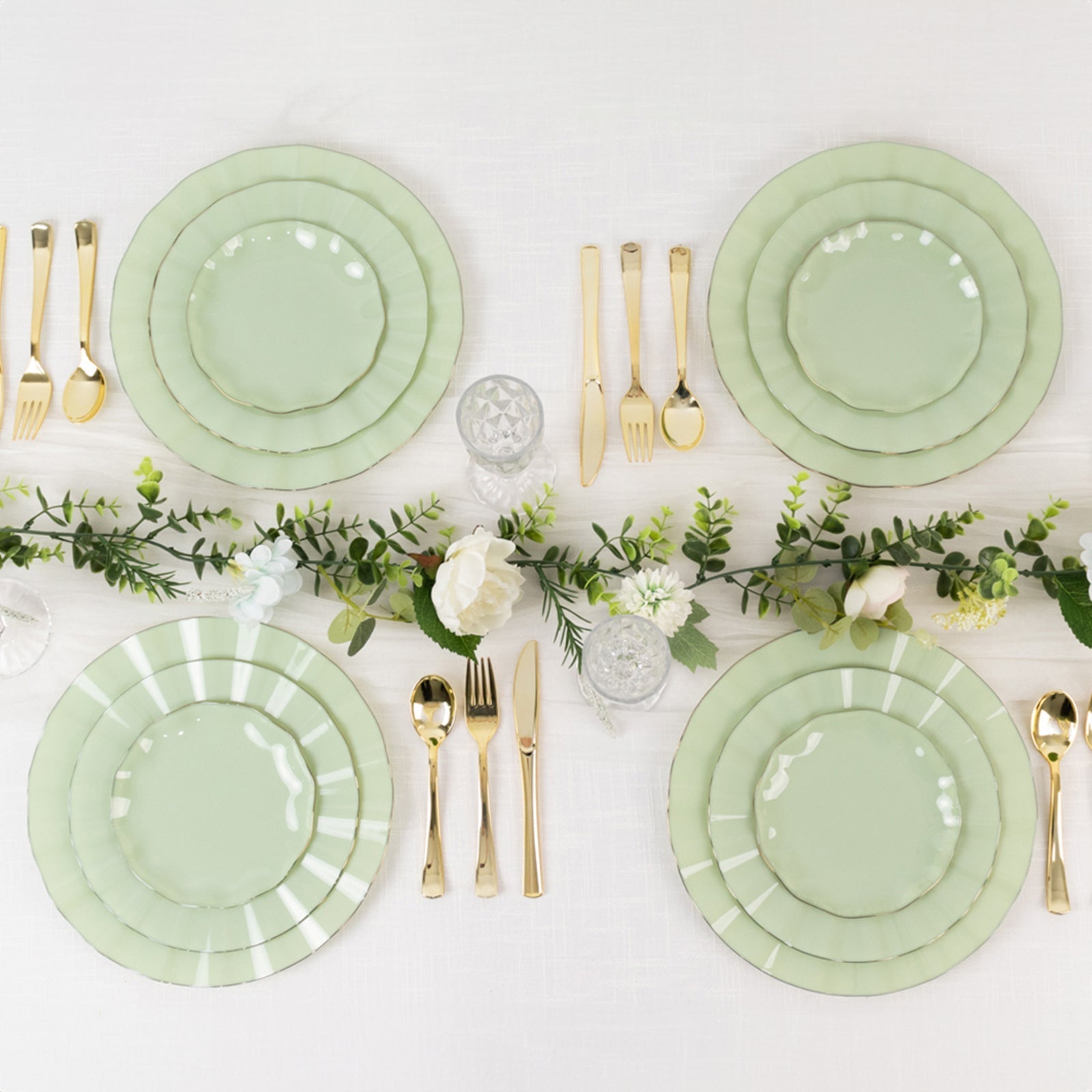 10-Pack Plastic 9" Round Dinner Plates in Sage Green Ruffled Rim with Gold Edging - Sturdy Disposable Dinnerware
